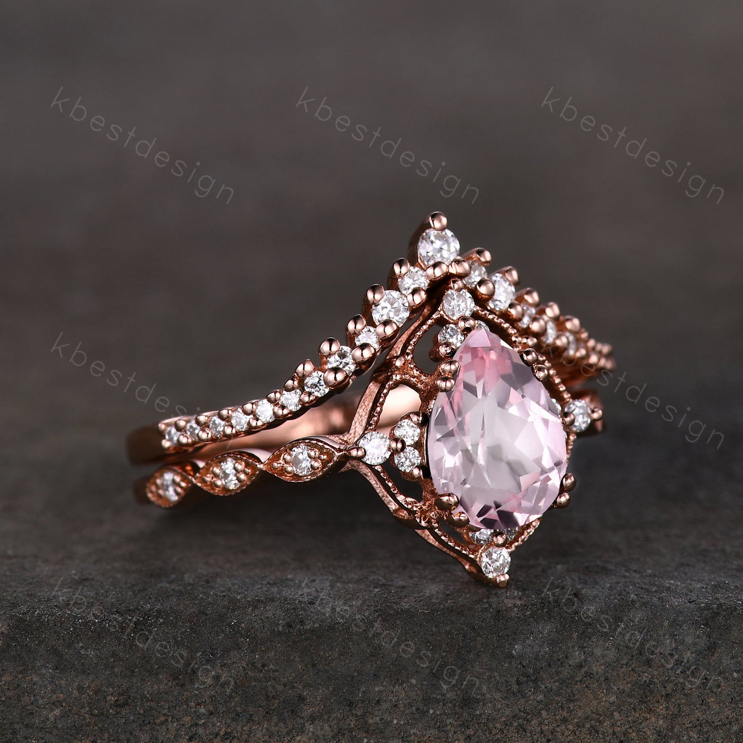 Vintage pink sapphire engagement ring rose gold ring art deco curve stacking band pear shaped bridal set unique moissanite wedding set