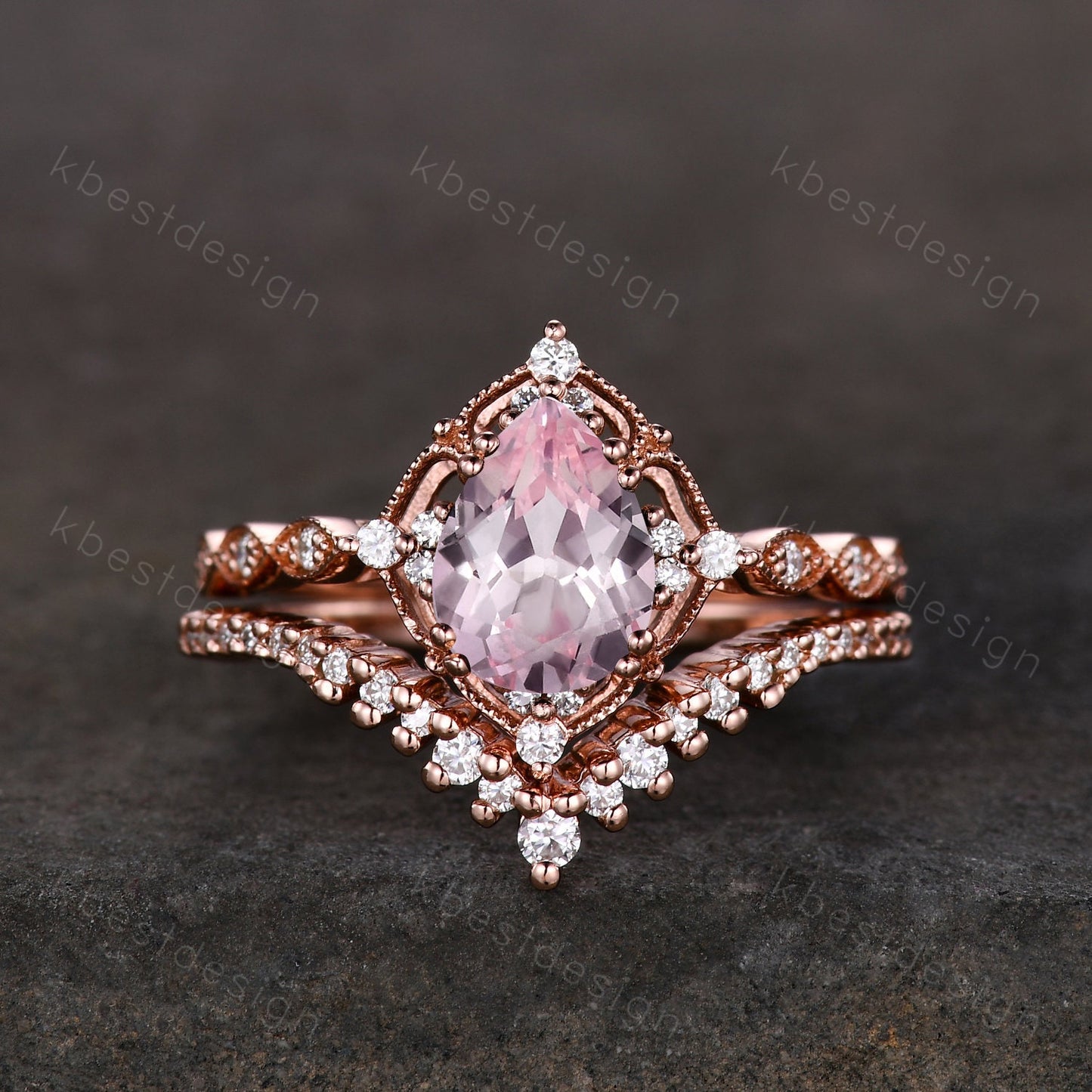Vintage pink sapphire engagement ring 14k gold ring art deco curve stacking band pear shaped bridal set unique moissanite wedding set