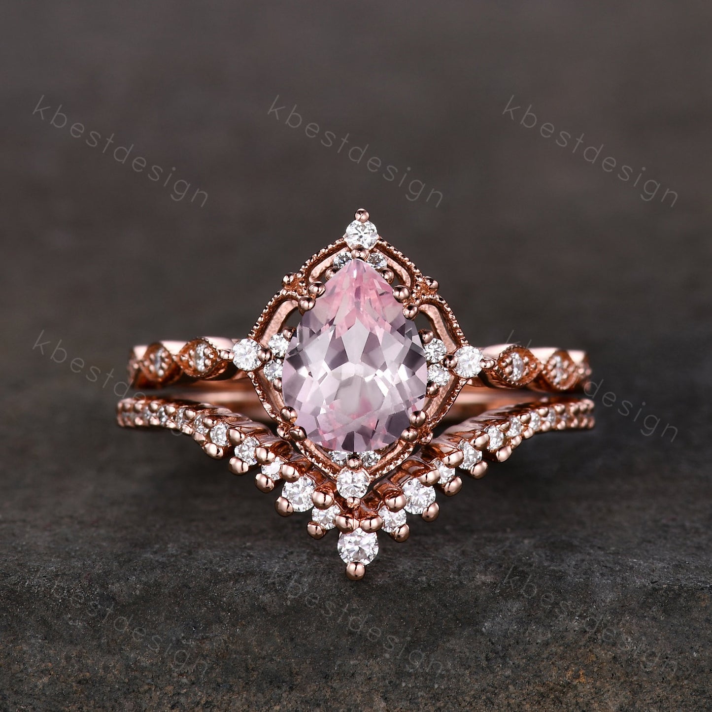 Vintage pink sapphire engagement ring rose gold ring art deco curve stacking band pear shaped bridal set unique moissanite wedding set