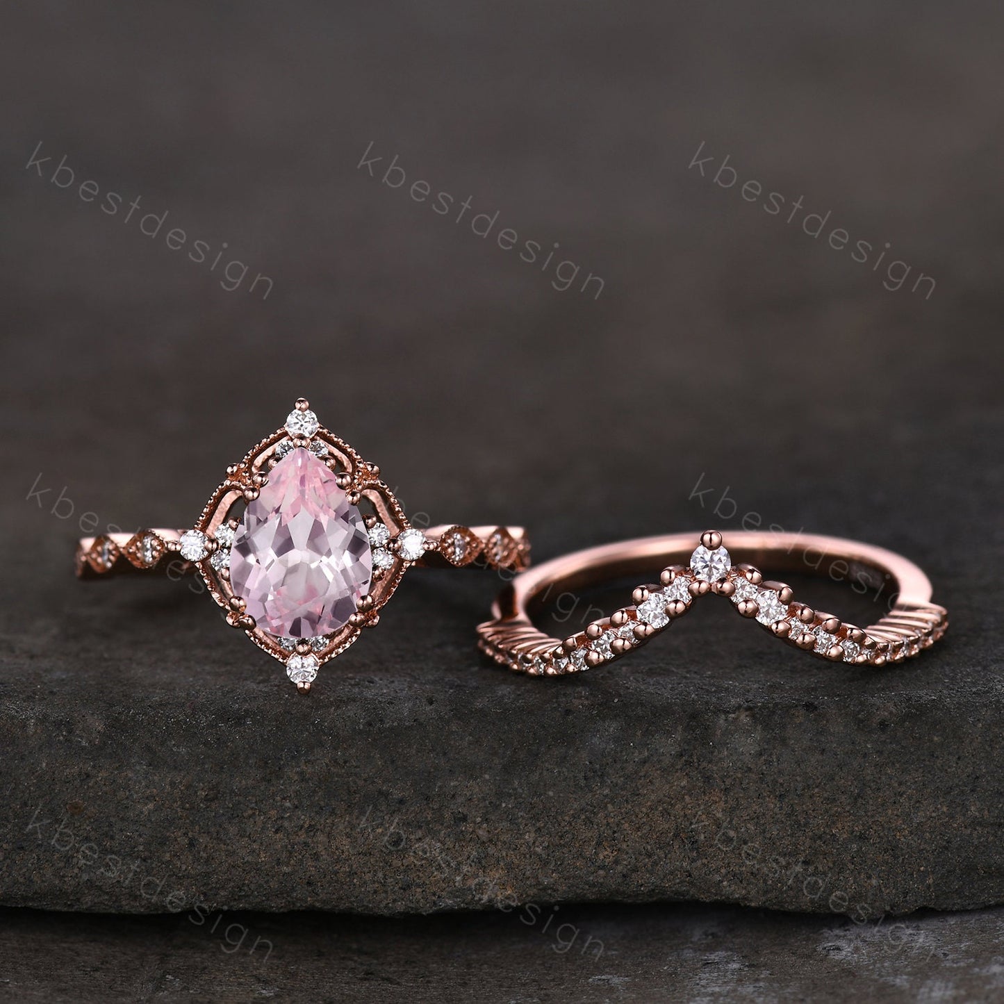 Vintage pink sapphire engagement ring rose gold ring art deco curve stacking band pear shaped bridal set unique moissanite wedding set