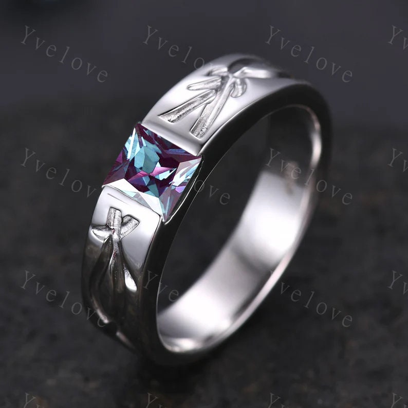 Dainty Alexandrite Engagement Ring,Twig Matching Band,Leaf Band, Wild Nature Ring Branch Wedding Band,14k Black Gold,Twisted Stacking Band