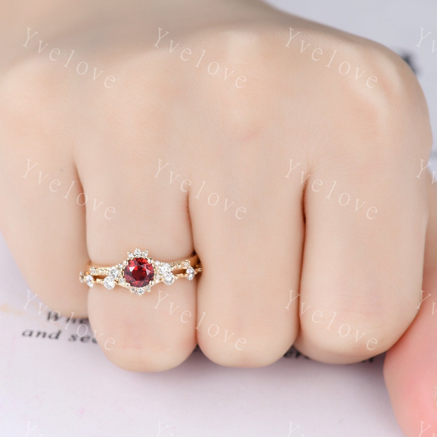 2pcs Garnet Engagement Ring Set Diamond Wedding Band Moissanite Matching Band Vintage Promise Bridal Jewelry Gift For Women