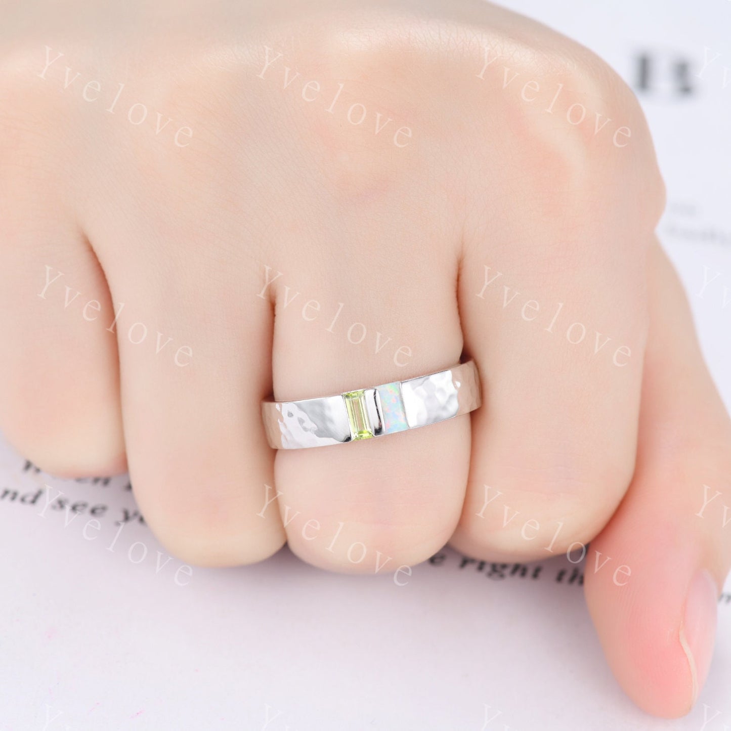 Mens Peridot Opal Wedding Band Baguette Cut Peridot Opal Ring 18k White Gold Ring Hammered Stacking Matching Band Family Birthstone for men