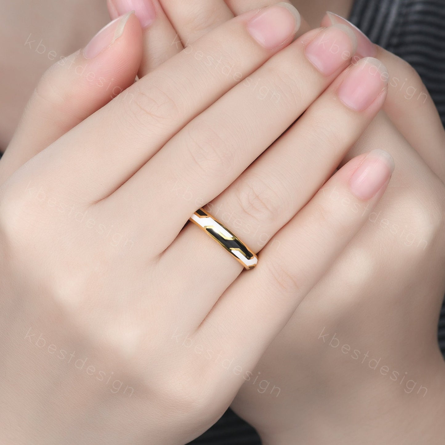 Gothic Black & White Enamel Couple Rings Yellow Gold Irregular Matching Rings His and Hers Wedding Band Best Friend Rings Anniversary Gifts