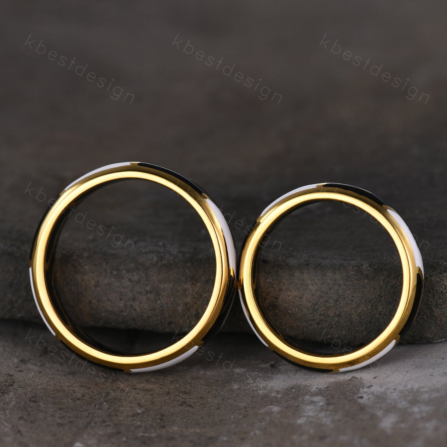 Gothic Black & White Enamel Couple Rings Yellow Gold Irregular Matching Rings His and Hers Wedding Band Best Friend Rings Anniversary Gifts
