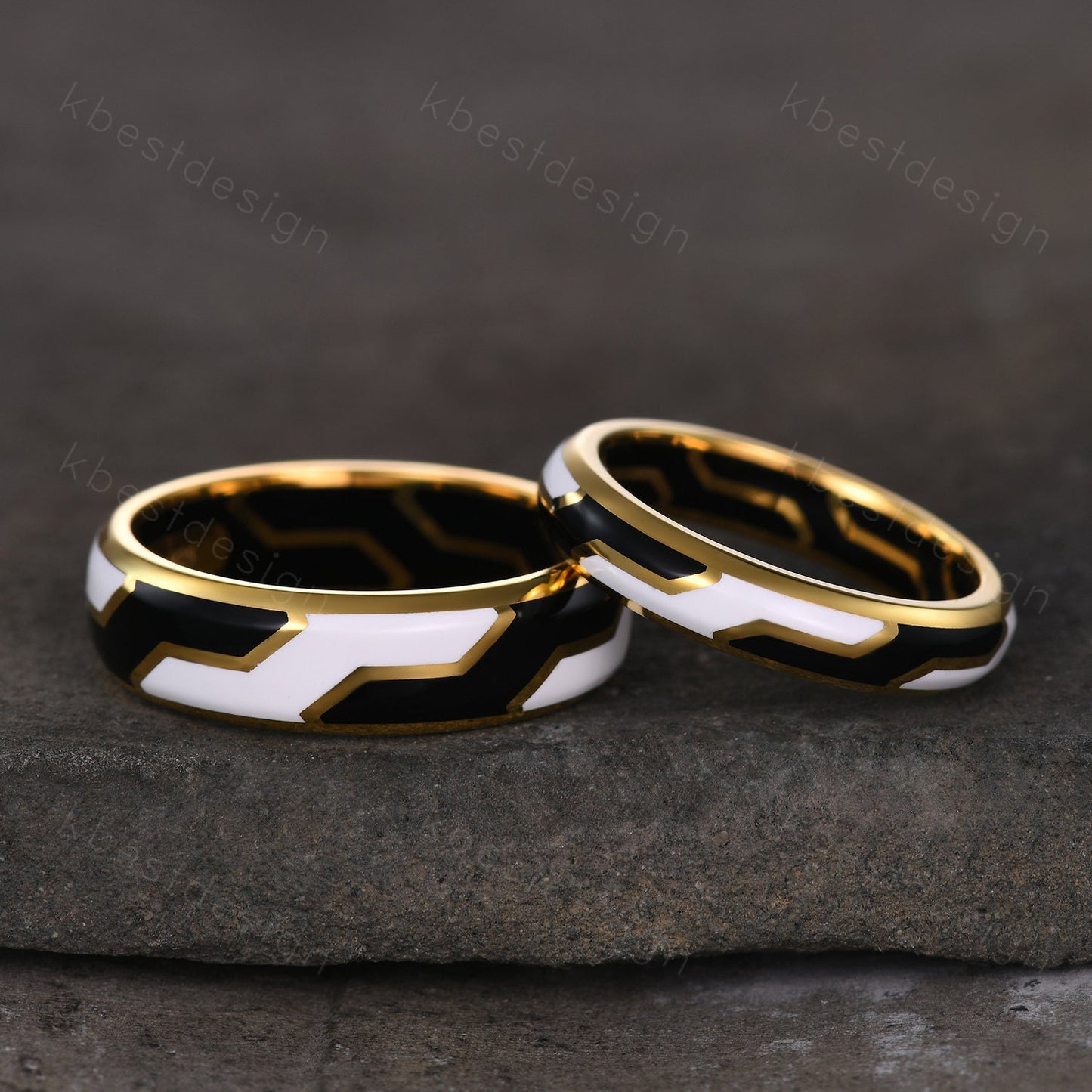 Gothic Black & White Enamel Couple Rings Yellow Gold Irregular Matching Rings His and Hers Wedding Band Best Friend Rings Anniversary Gifts