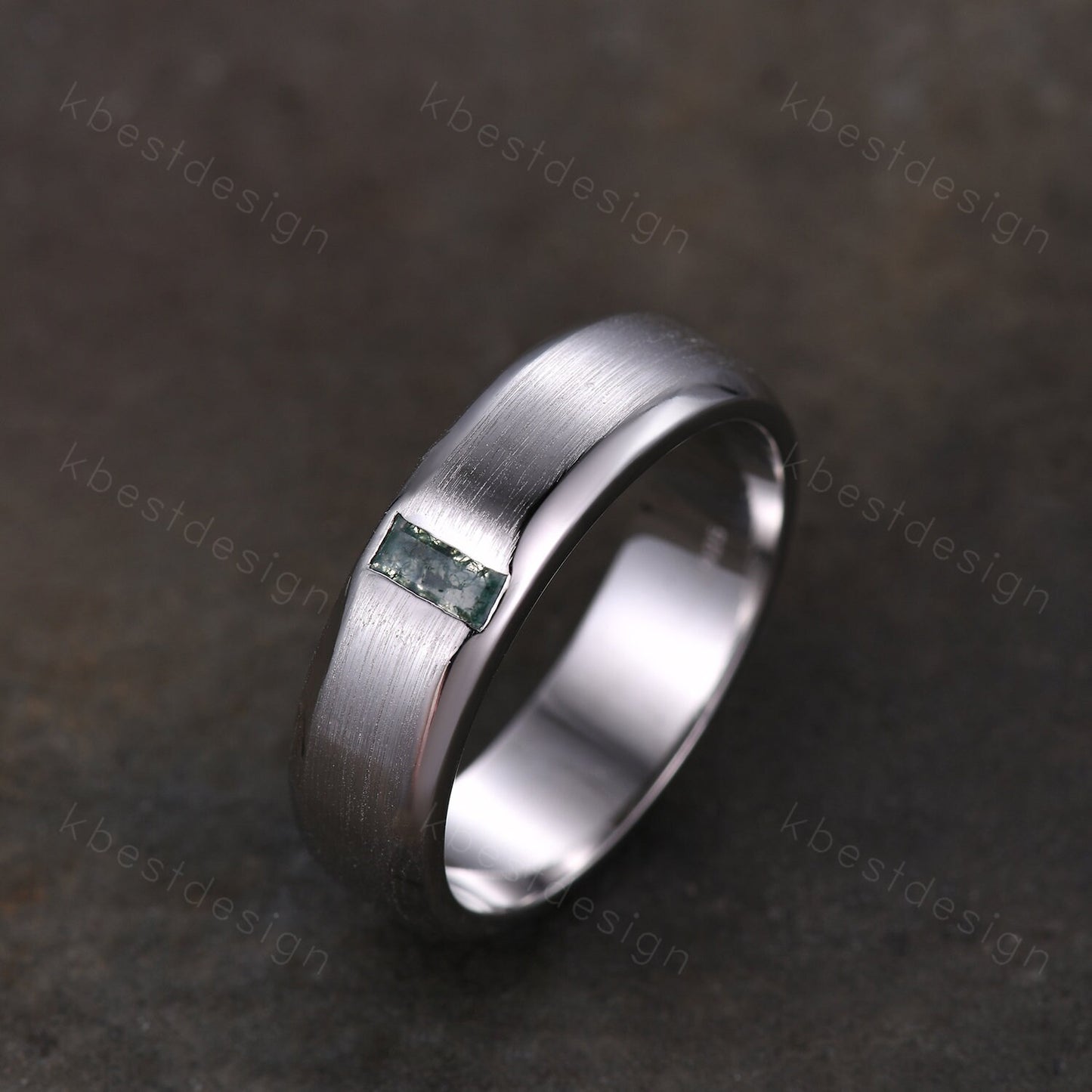 Mens Moss Agate Wedding Band Unique Baguette cut Green Moss Agate Wedding Ring For Men Brushed Finish Band Ring Promise Gift For Husband