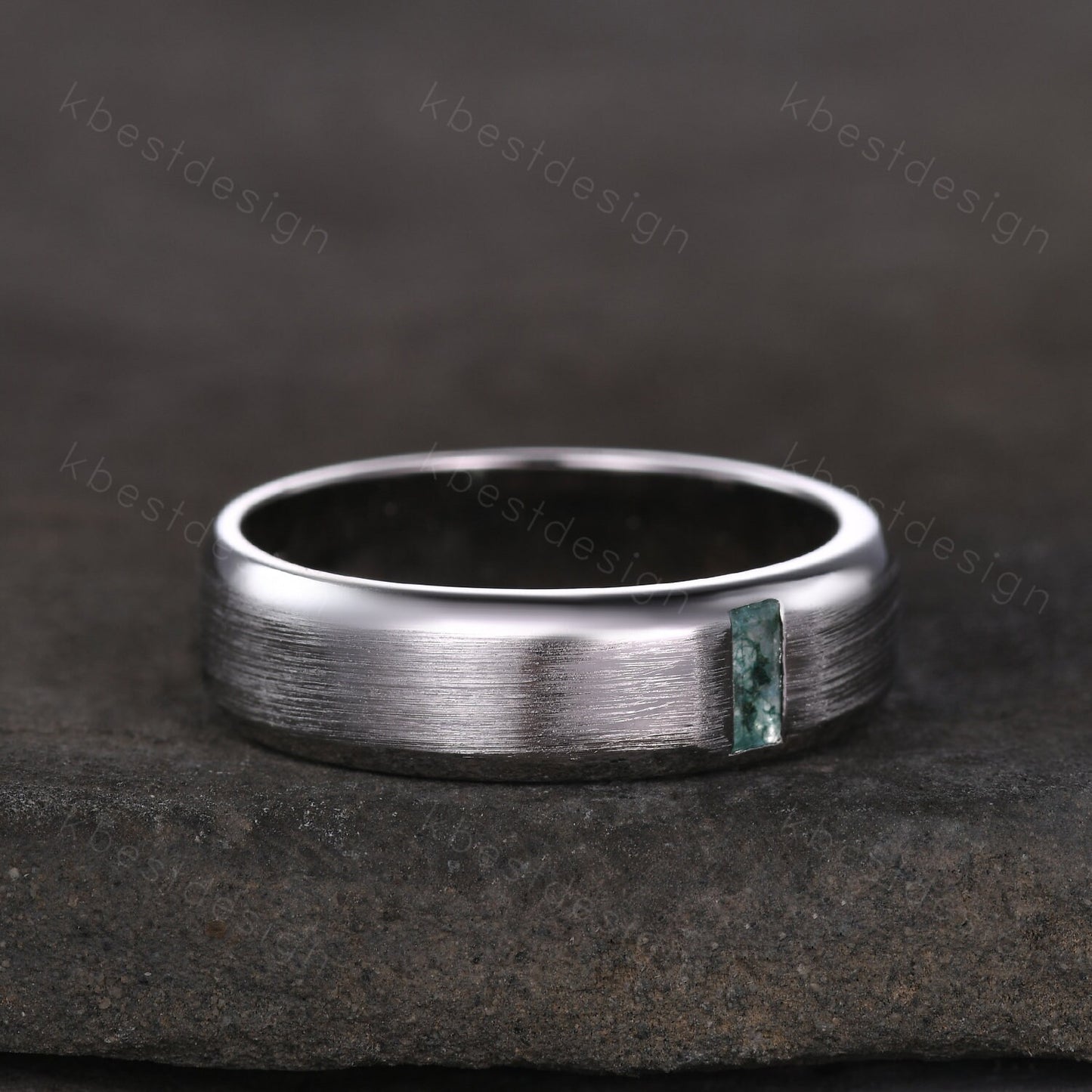 Mens Moss Agate Wedding Band Unique Baguette cut Green Moss Agate Wedding Ring For Men Brushed Finish Band Ring Promise Gift For Husband