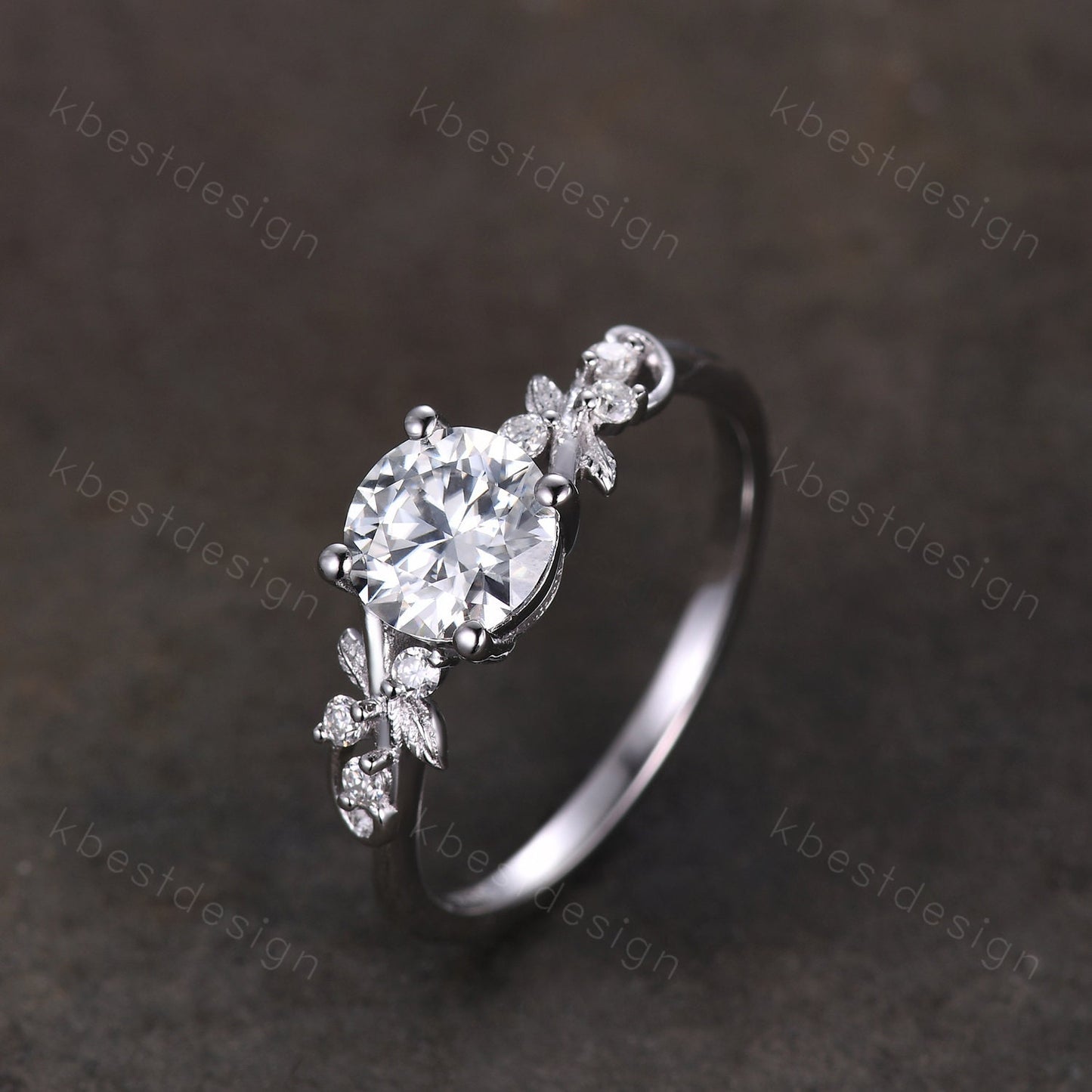 Round cut moissanite engagement ring 14K White gold ring Art deco leaf design wedding ring nature inspired ring bridal promise ring for her
