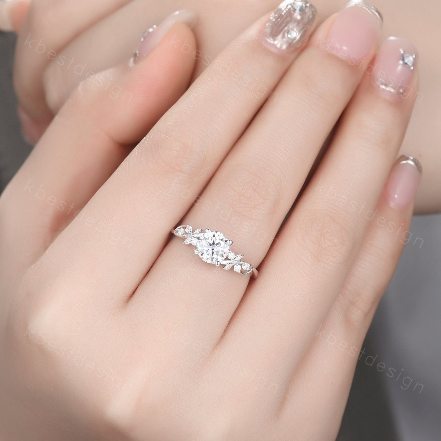 Round cut moissanite engagement ring 14K White gold ring Art deco leaf design wedding ring nature inspired ring bridal promise ring for her