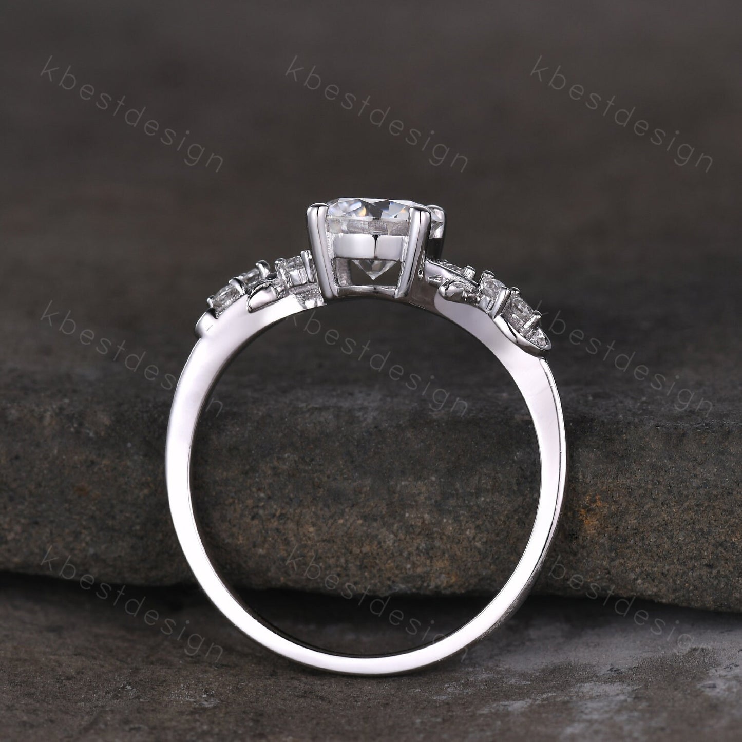 Round cut moissanite engagement ring 14K White gold ring Art deco leaf design wedding ring nature inspired ring bridal promise ring for her