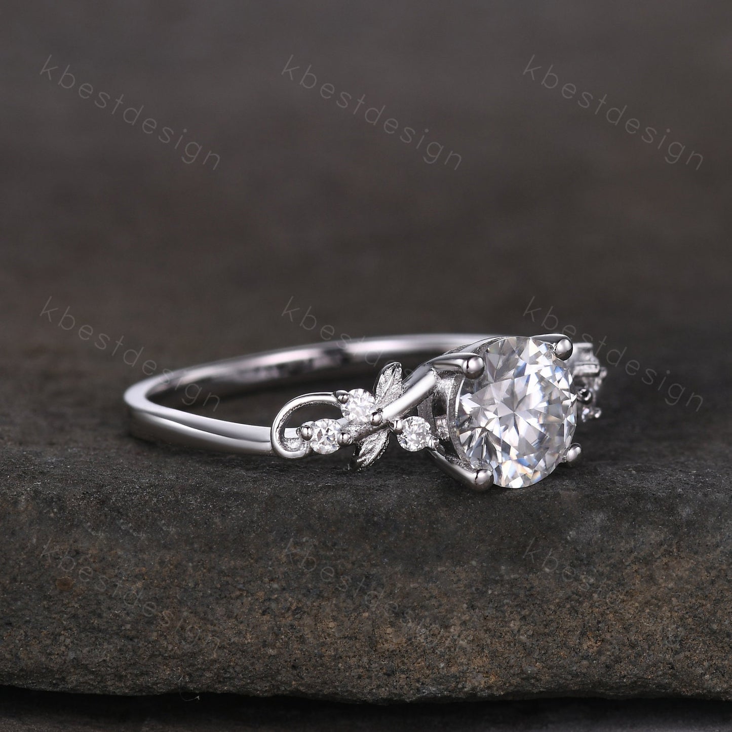 Round cut moissanite engagement ring 14K White gold ring Art deco leaf design wedding ring nature inspired ring bridal promise ring for her