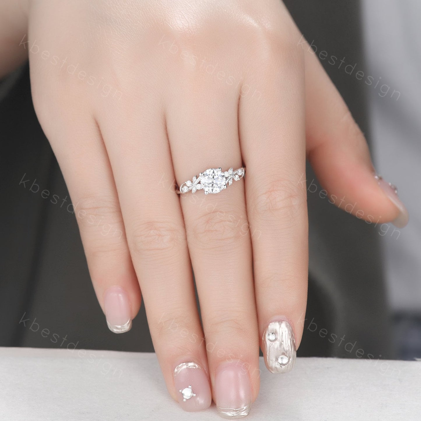 Round cut moissanite engagement ring 14K White gold ring Art deco leaf design wedding ring nature inspired ring bridal promise ring set