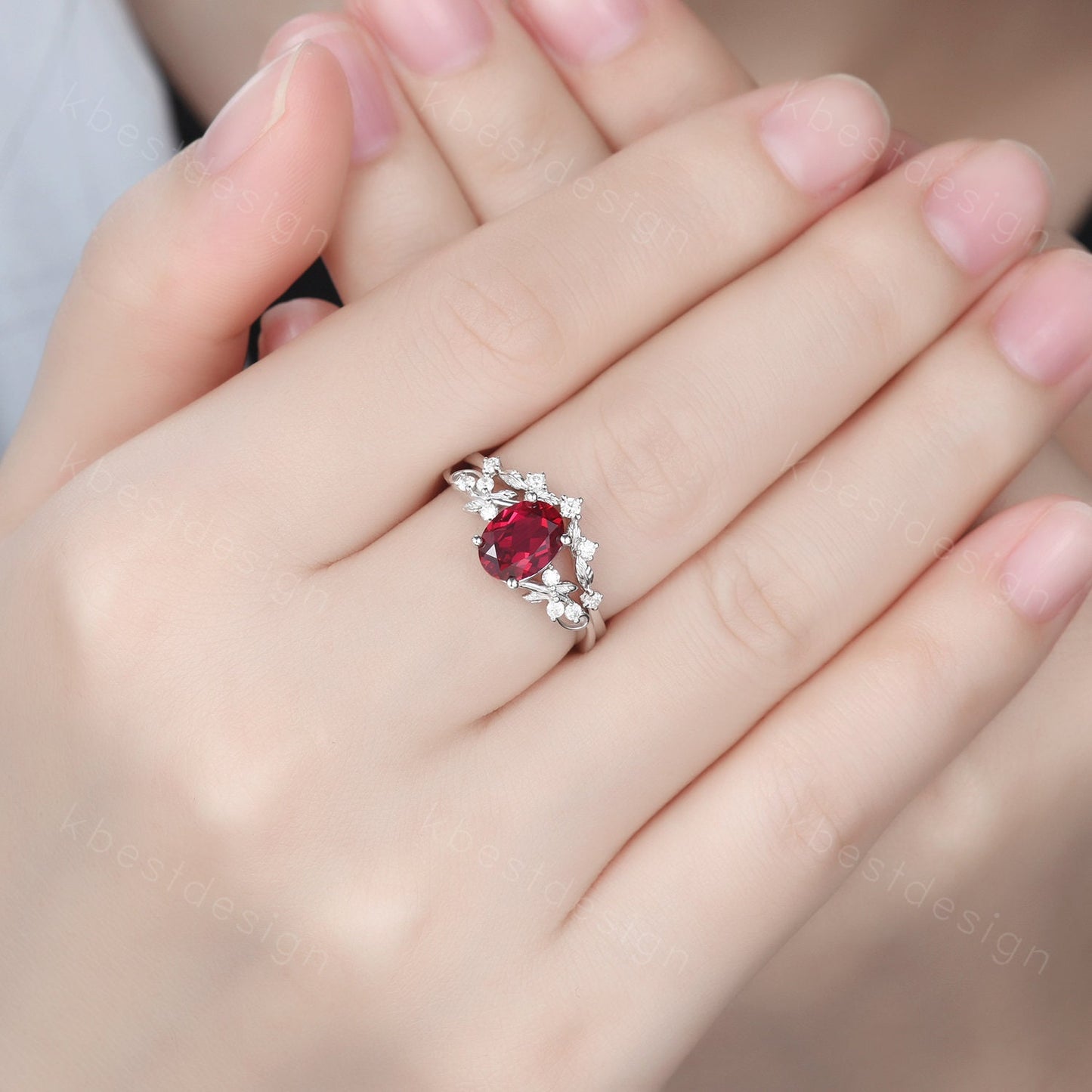 Vintage oval ruby engagement ring set silver ring twig leaf moissanite ring nature branch ring unique art deco bridal wedding ring set
