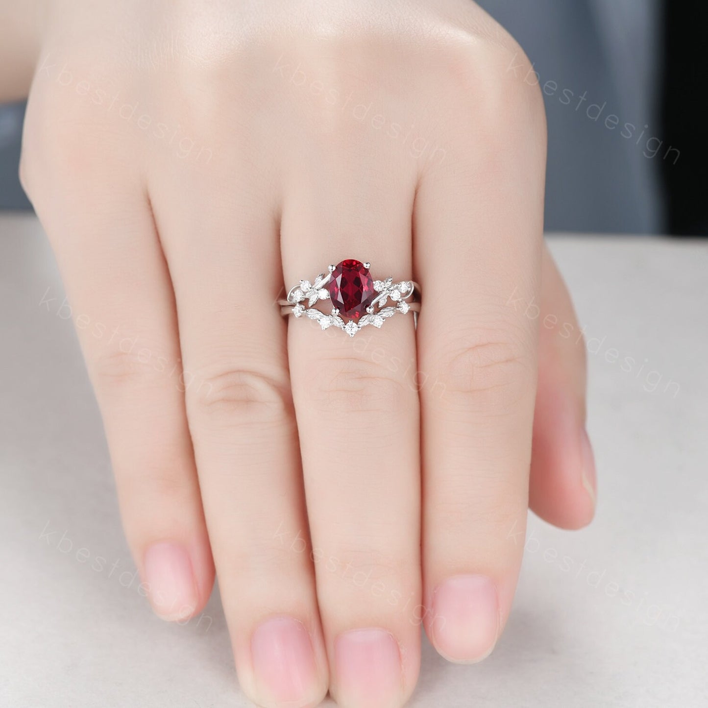 Vintage oval ruby engagement ring set silver ring twig leaf moissanite ring nature branch ring unique art deco bridal wedding ring set