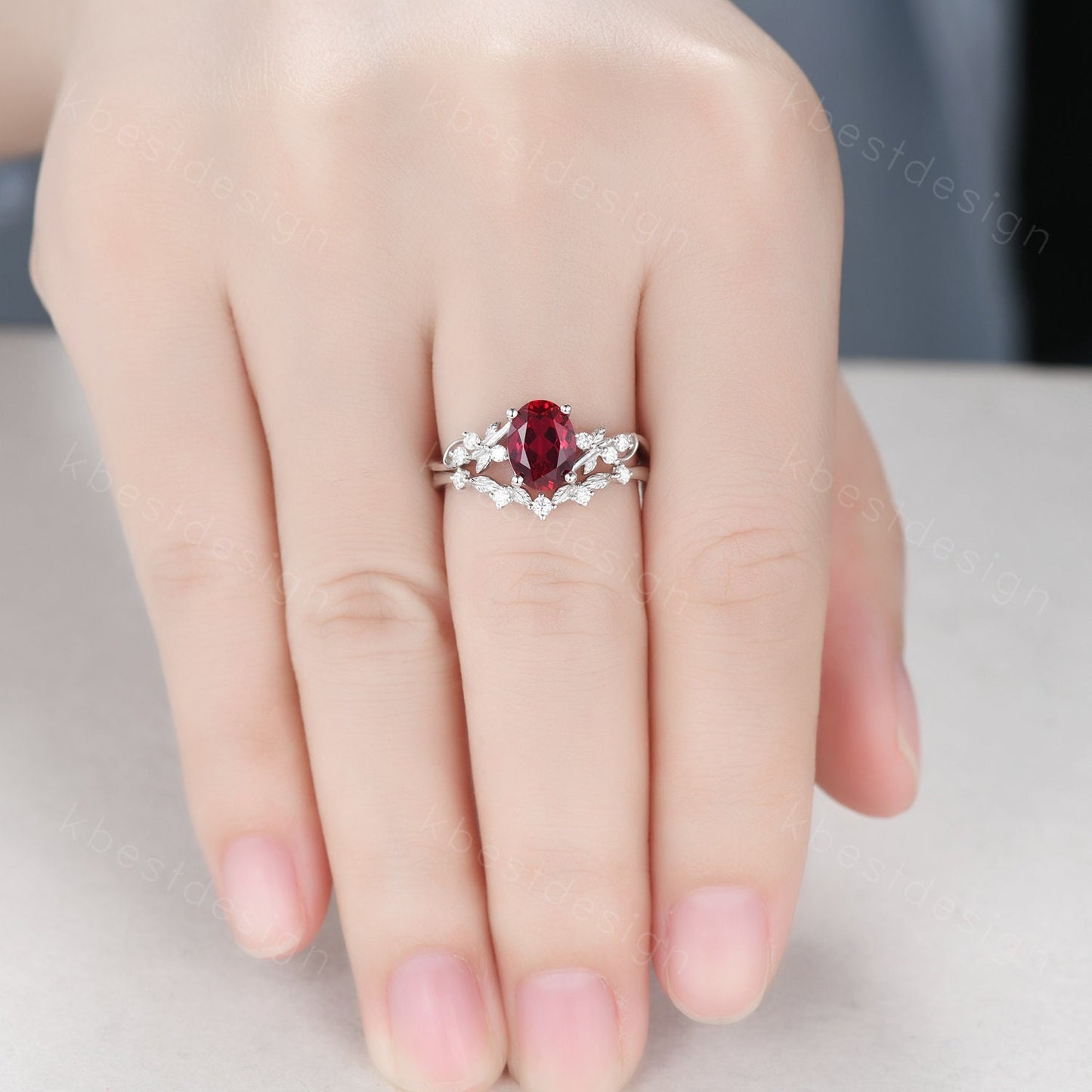 Vintage oval ruby engagement ring set silver ring twig leaf moissanite ring nature branch ring unique art deco bridal wedding ring set