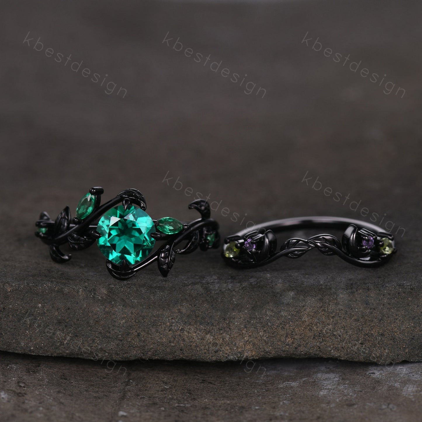 Vintage round cut emerald engagement ring black gold art deco cluster leaf wedding ring set nature inspired bridal promise ring for her