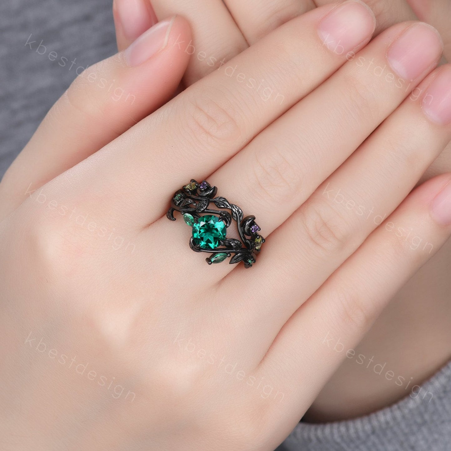 Vintage round cut emerald engagement ring black gold art deco cluster leaf wedding ring set nature inspired bridal promise ring for her