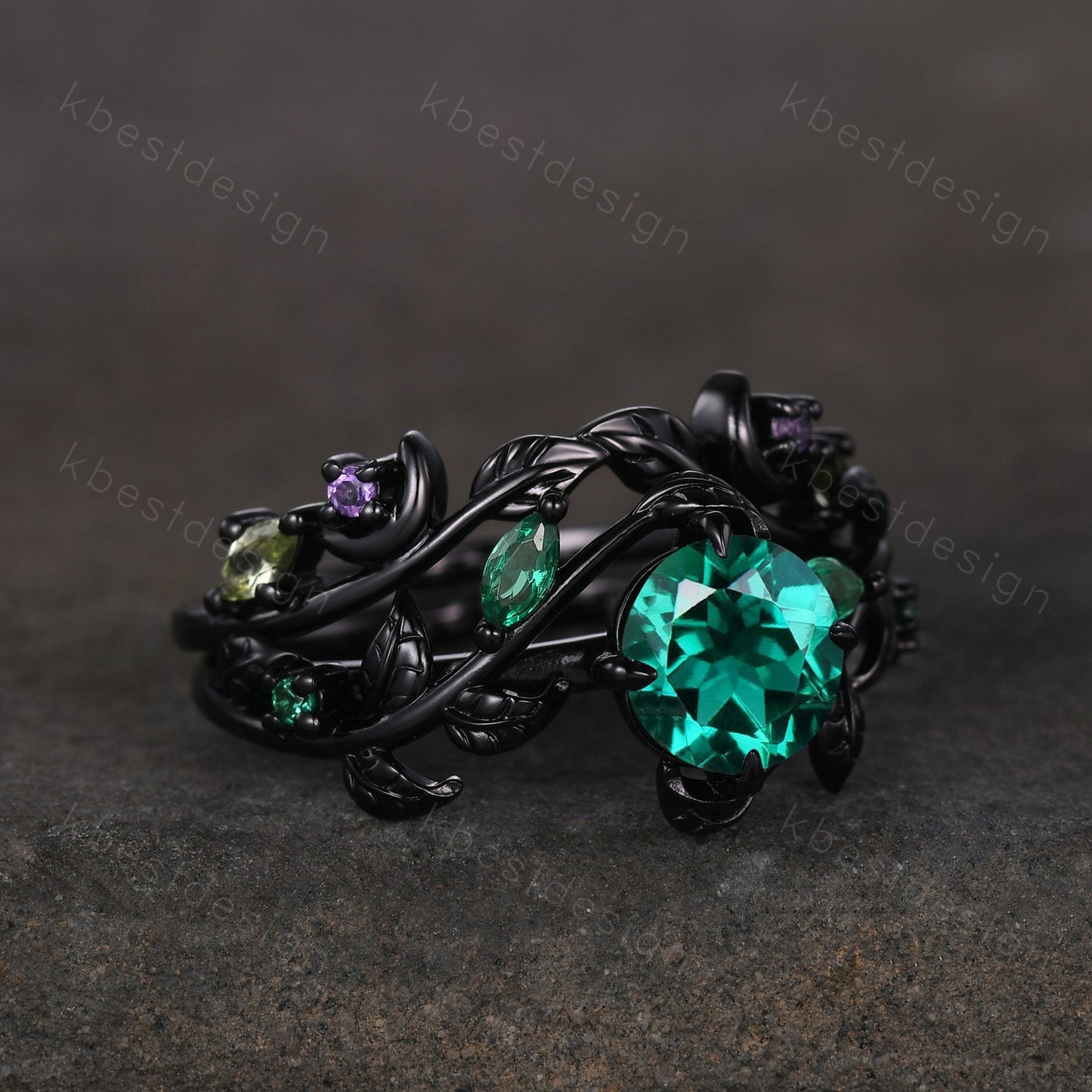 Vintage round cut emerald engagement ring black gold art deco cluster leaf wedding ring set nature inspired bridal promise ring for her