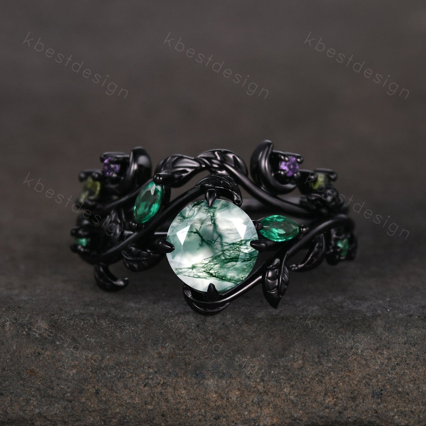 Vintage natural moss agate engagement ring black gold art deco cluster leaf wedding ring set nature inspired bridal promise ring for her
