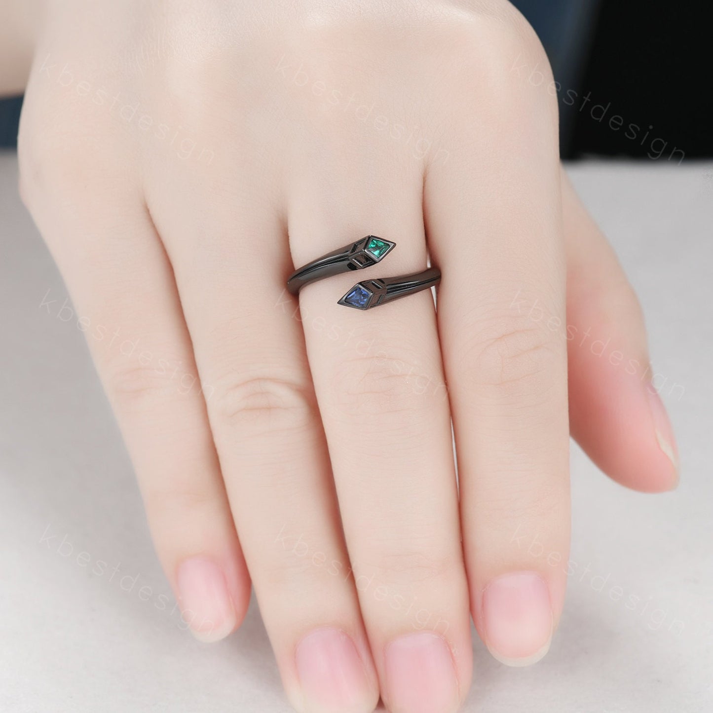 Toi et Moi Ring, Kite cut Emerald & Sapphire Wedding Ring, Black Gold Ring, Unique Open Gap Ring, Personalized Birthstone Ring Gift for Her