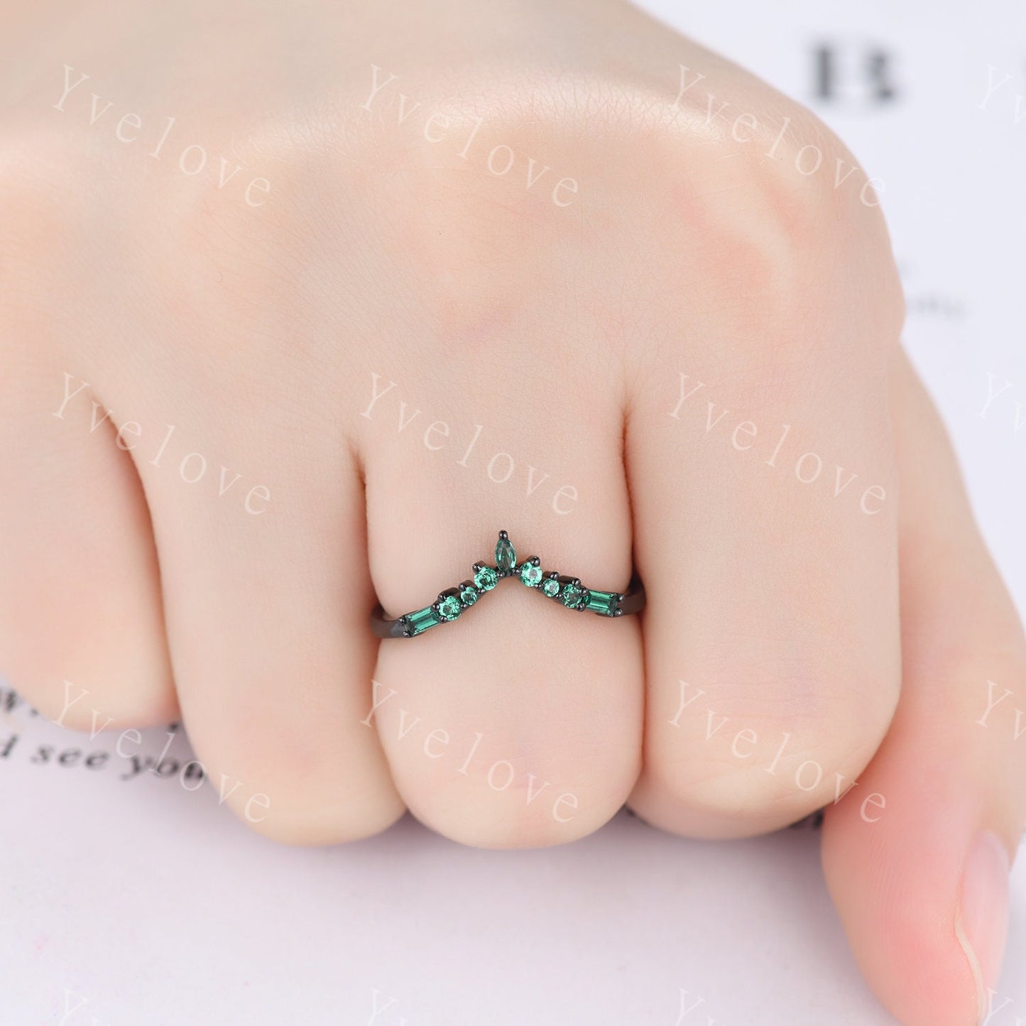 Marquise Emerald Wedding band,Baguette Green Emerald,Vintage Retro Black Gold Ring,Women V Curved Stacking Matching Promise Band Bridal Gift