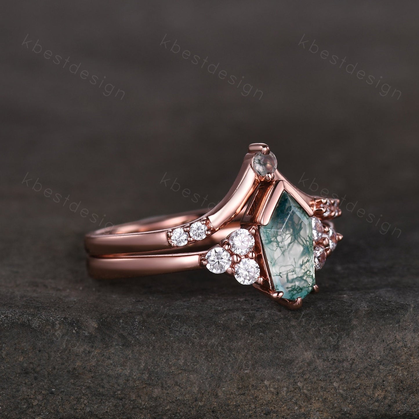 Coffin cut Moss Agate engagement ring set Rose gold ring art deco cluster moissanite ring unique stacking matching band bridal promise ring