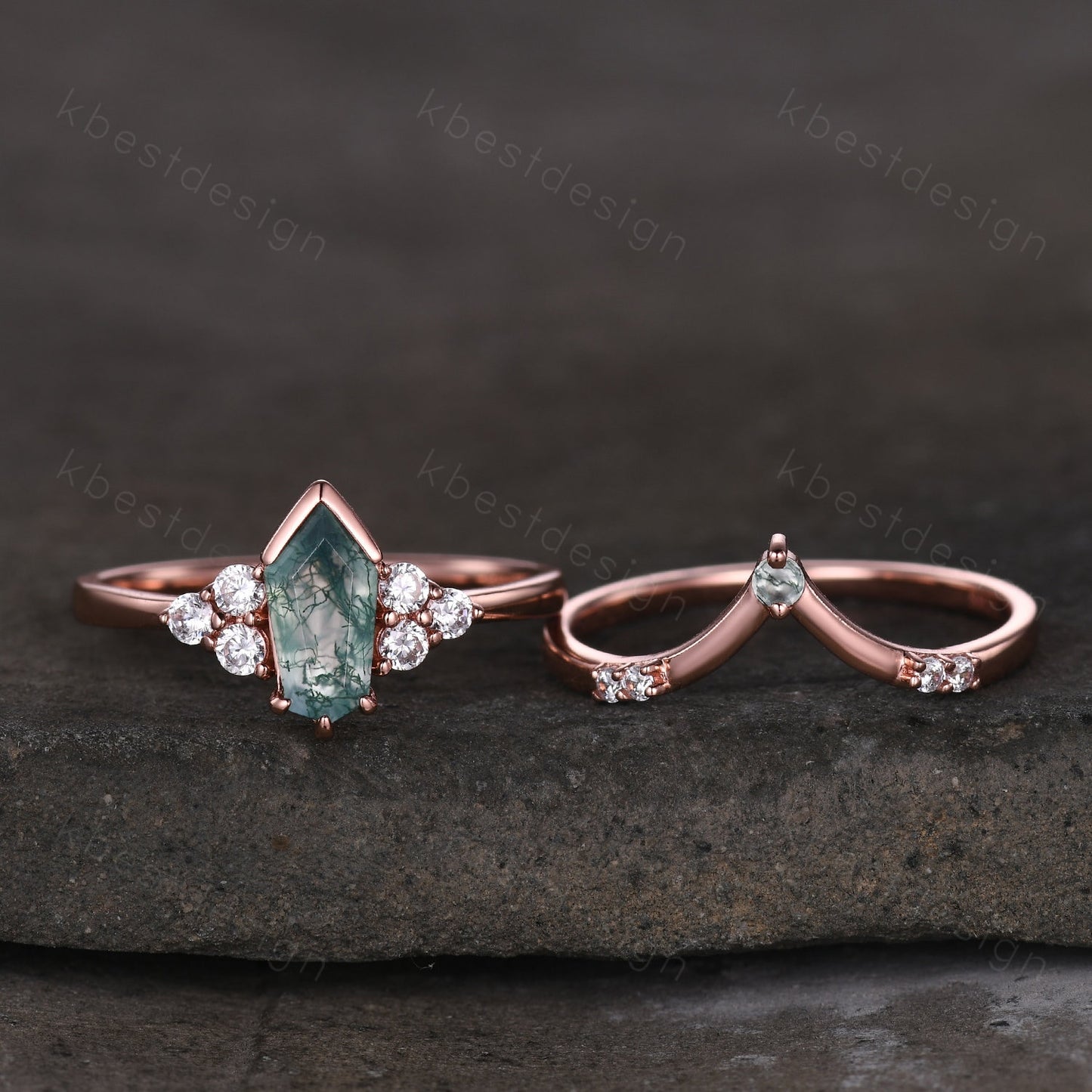 Coffin cut Moss Agate engagement ring set Rose gold ring art deco cluster moissanite ring unique stacking matching band bridal promise ring