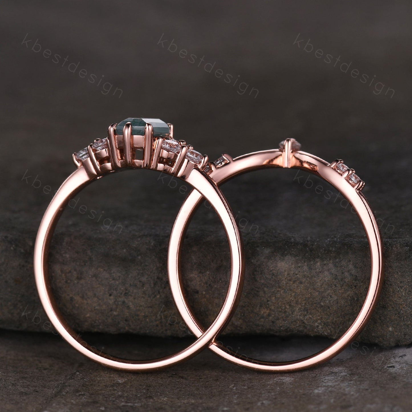 Coffin cut Moss Agate engagement ring set Rose gold ring art deco cluster moissanite ring unique stacking matching band bridal promise ring