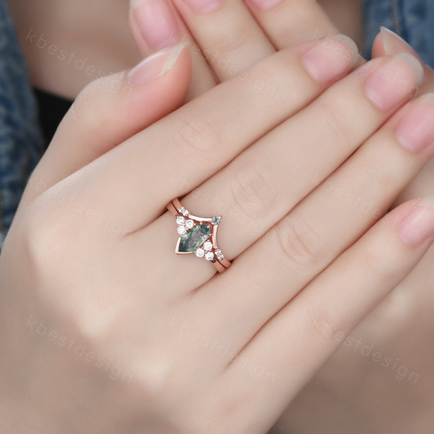 Coffin cut Moss Agate engagement ring set Rose gold ring art deco cluster moissanite ring unique stacking matching band bridal promise ring