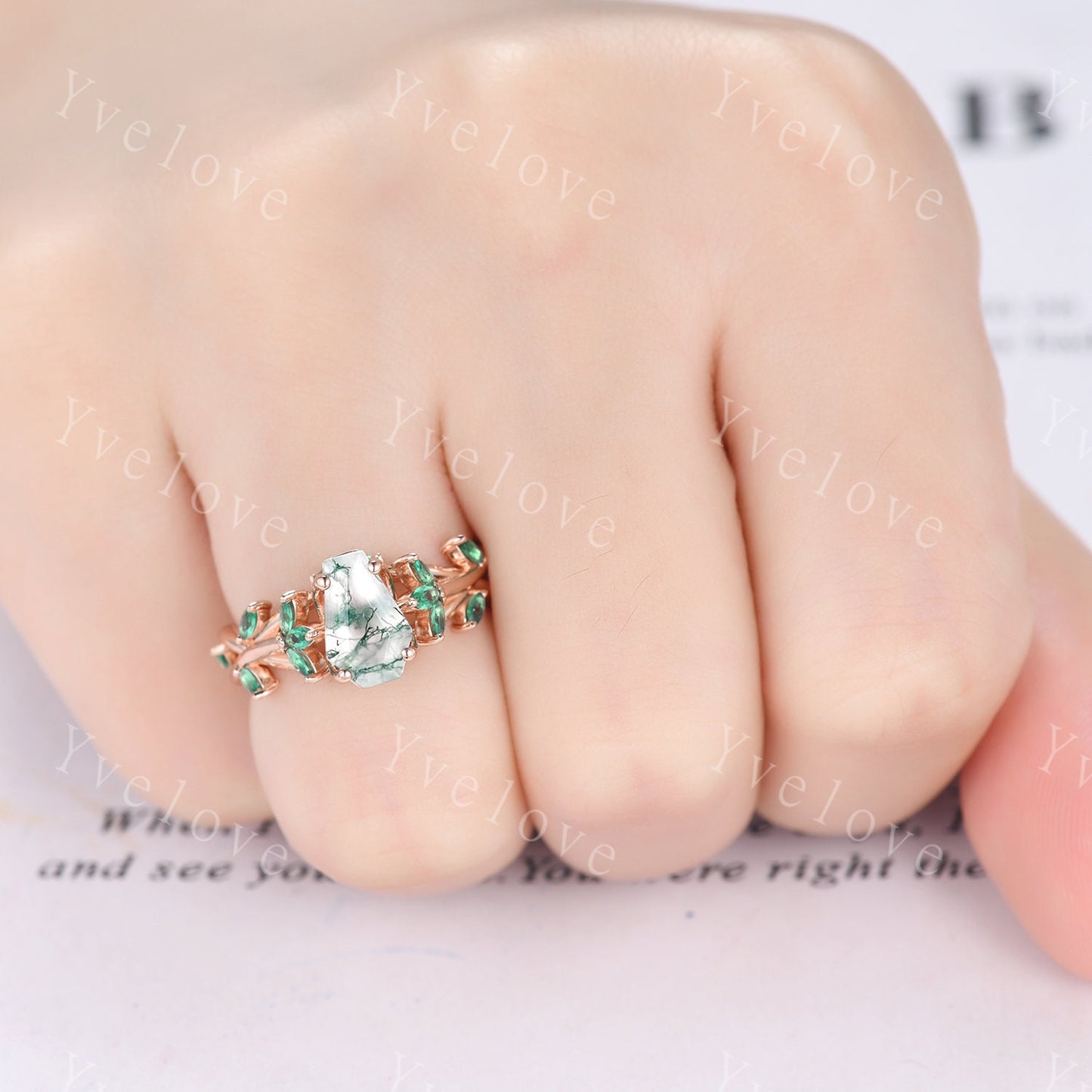 Unique coffin cut moss agate engagement ring,nature inspired ring leaf marquise green emerald,14k rose gold,vintage cluster ring for women