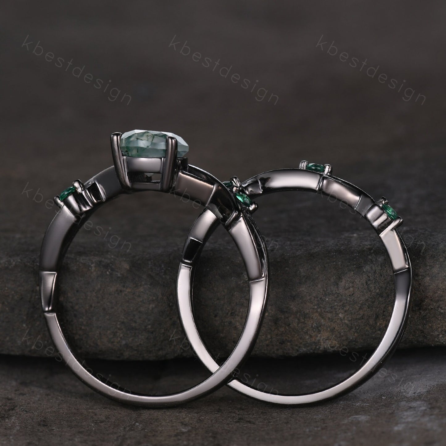 Unique Twig Moss Agate Engagement Ring Gothic Black Gold Rings Vine Emerald Stacking Wedding Band Pear cut Bridal Ring Set Green Agate Ring