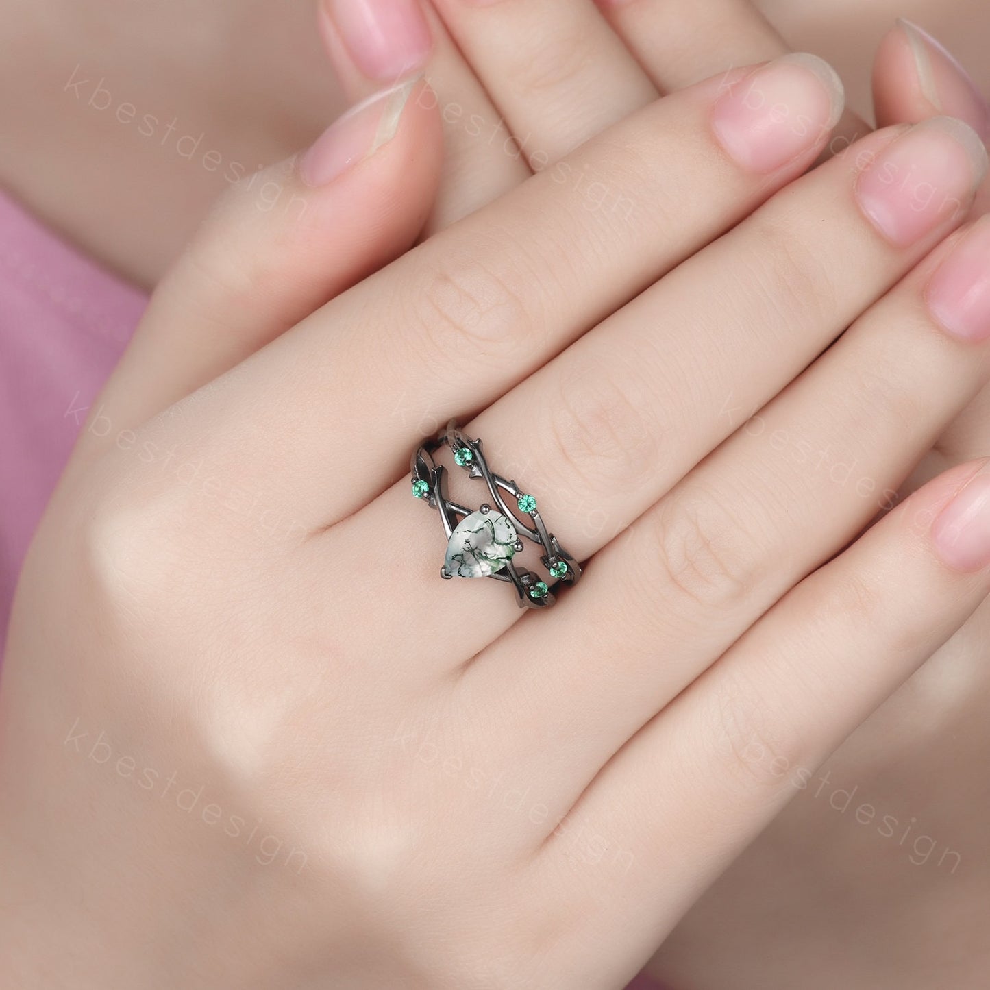 Unique Twig Moss Agate Engagement Ring Gothic Black Gold Rings Vine Emerald Stacking Wedding Band Pear cut Bridal Ring Set Green Agate Ring
