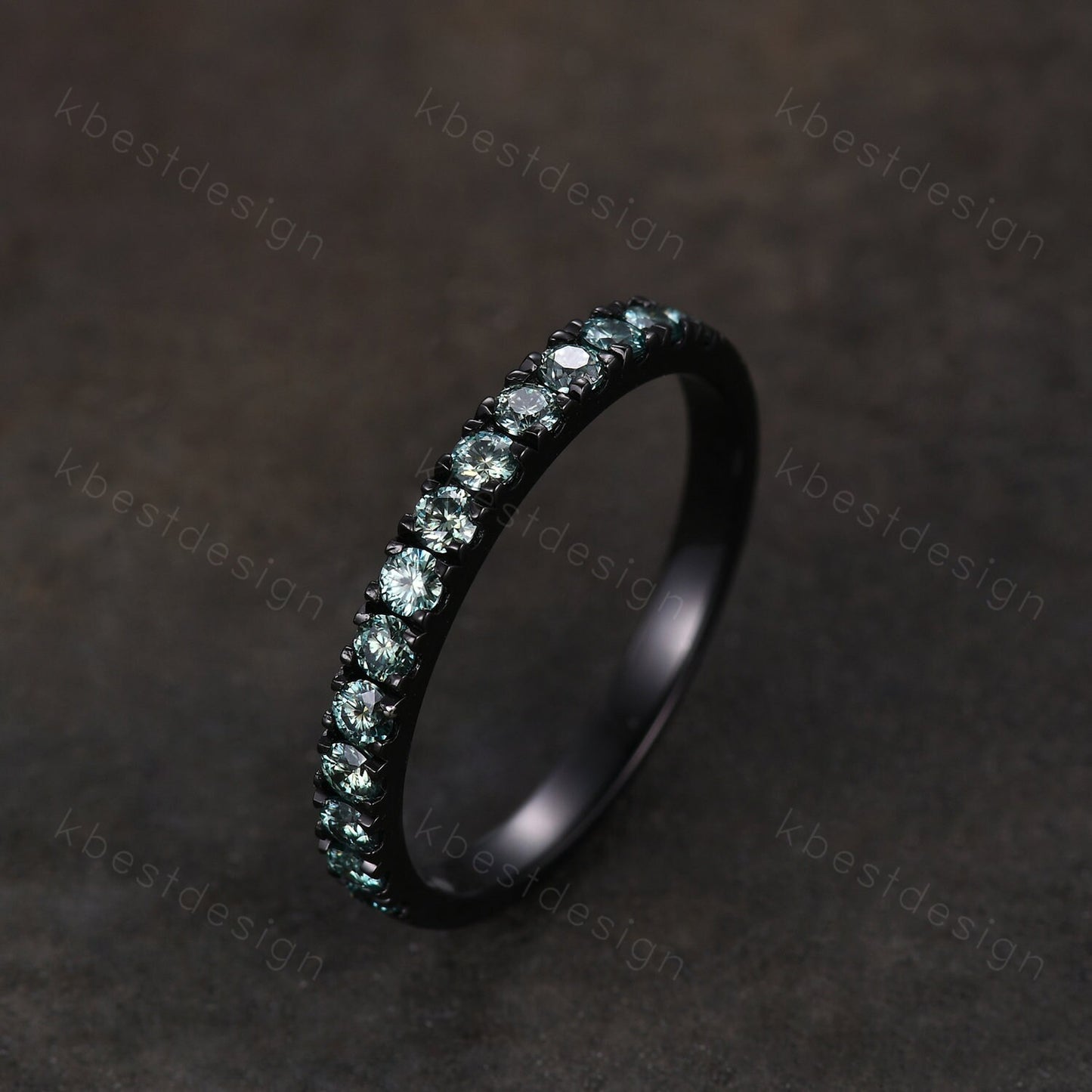 2mm Green Moissanite Wedding Band Black Gold Half Eternity Stacking Band Dainty Moissanite Ring Women Matching Band Promise Anniversary Ring