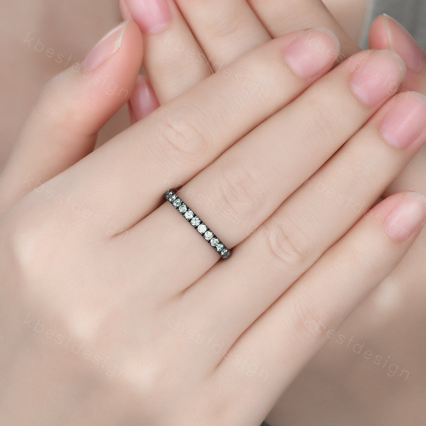 2mm Green Moissanite Wedding Band Black Gold Half Eternity Stacking Band Dainty Moissanite Ring Women Matching Band Promise Anniversary Ring