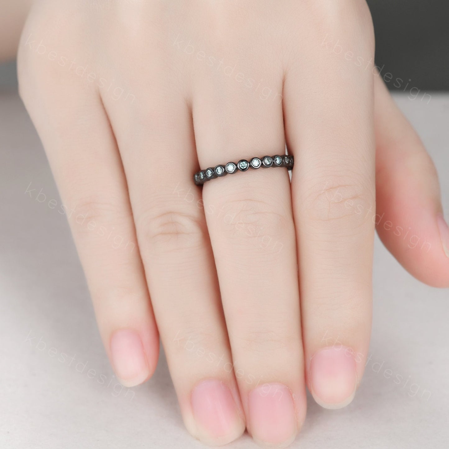 Eternity Green Moissanite Wedding Band Black Gold 2mm Moissanite Stacking Band Unique Women Matching Band Promise Anniversary Ring Bezel set