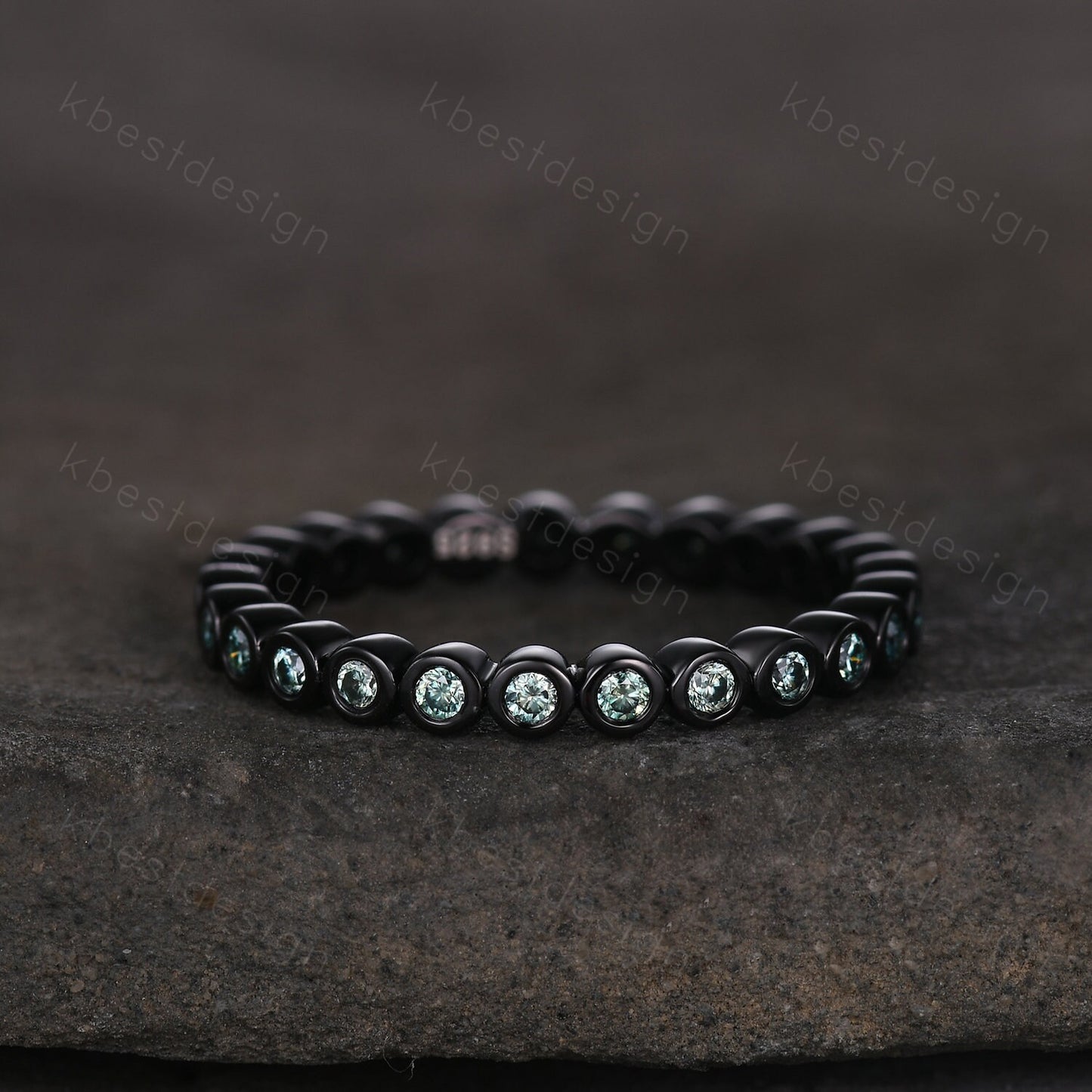 Eternity Green Moissanite Wedding Band Black Gold 2mm Moissanite Stacking Band Unique Women Matching Band Promise Anniversary Ring Bezel set