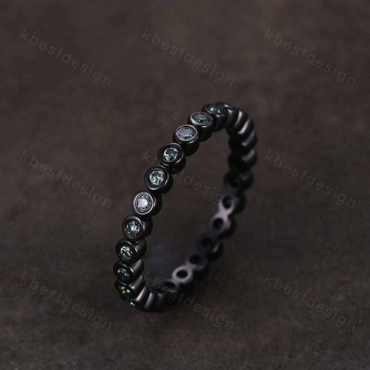 Eternity Green Moissanite Wedding Band Black Gold 2mm Moissanite Stacking Band Unique Women Matching Band Promise Anniversary Ring Bezel set