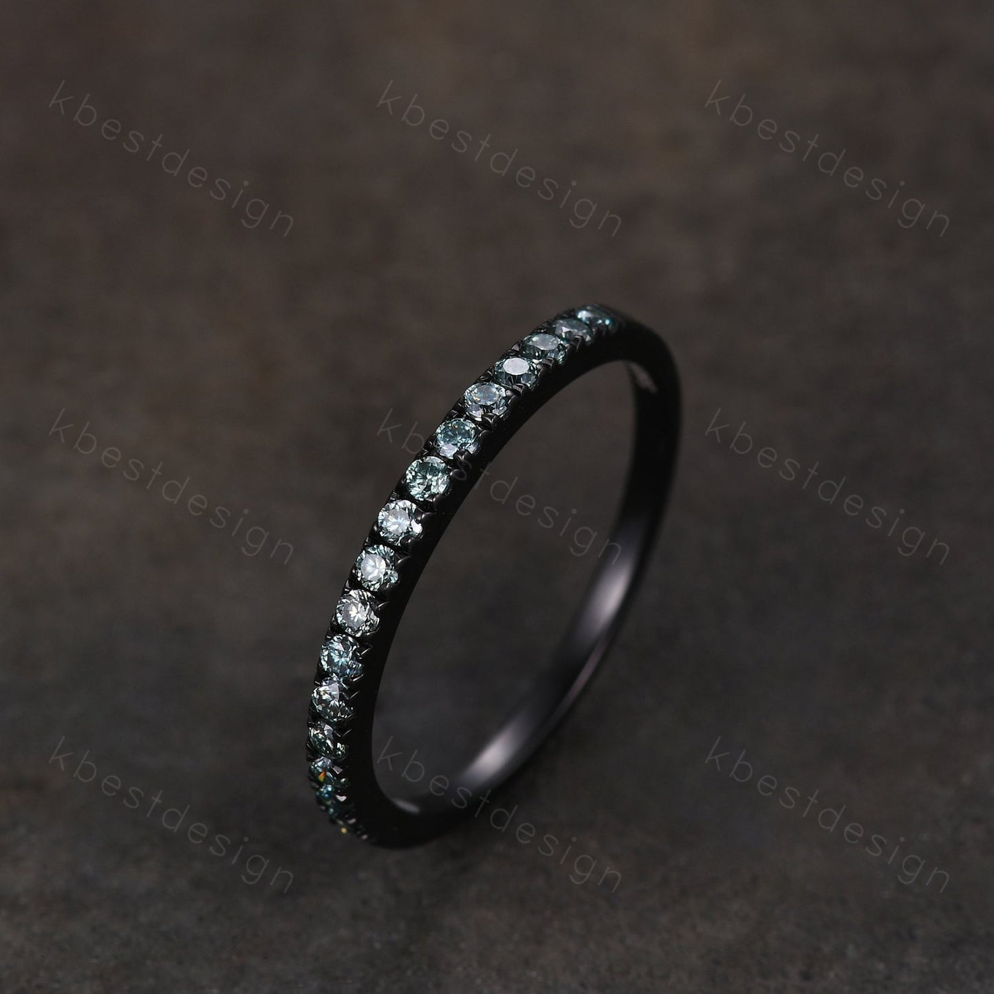 Black gold green moissanite wedding band 1.5mm half eternity stacking matching band unique dainty wedding band for women anniversary ring
