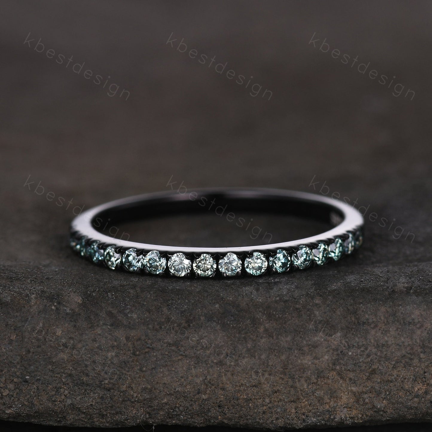 Black gold green moissanite wedding band 1.5mm half eternity stacking matching band unique dainty wedding band for women anniversary ring
