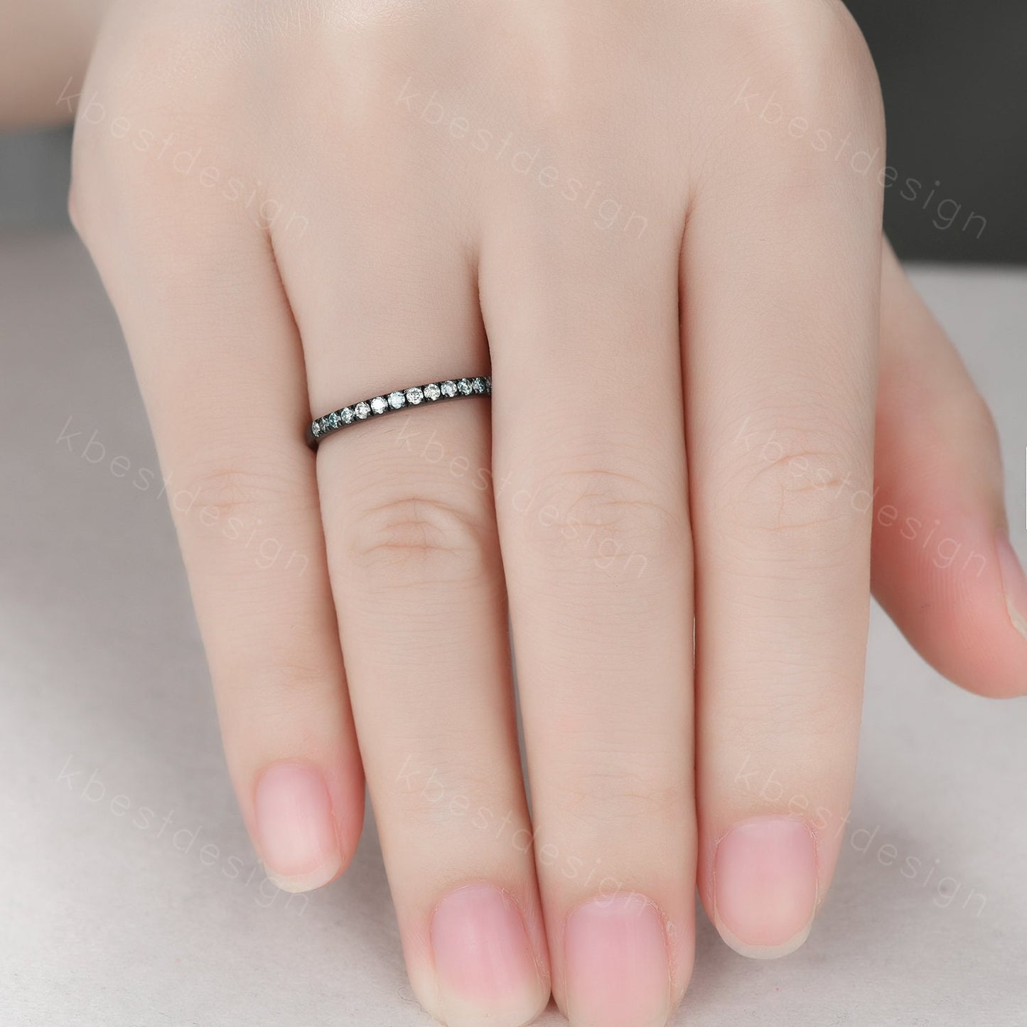 Black gold green moissanite wedding band 1.5mm half eternity stacking matching band unique dainty wedding band for women anniversary ring