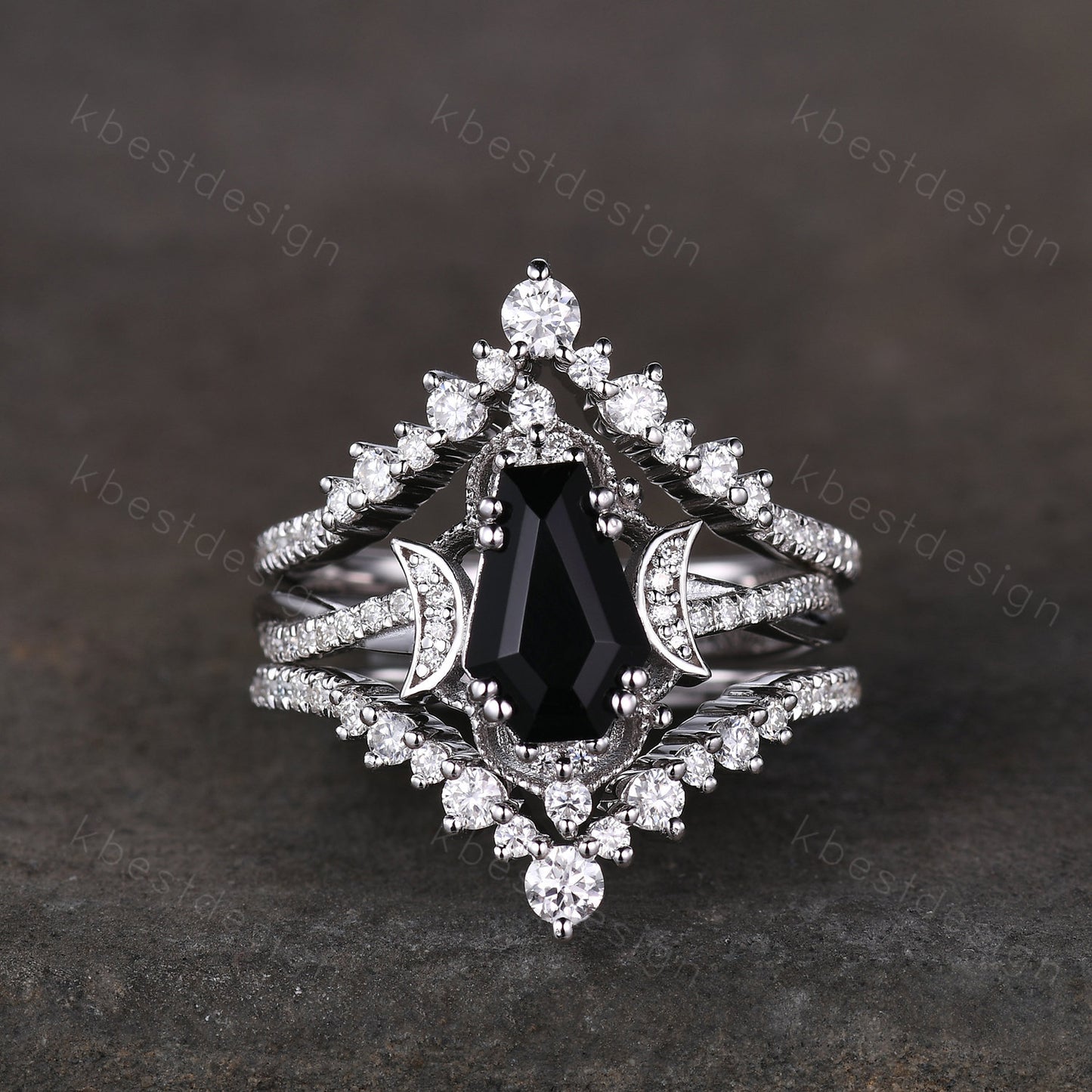 3PCS black onyx engagement ring sterling silver ring art deco curved stacking band coffin shaped bridal set unique moissanite wedding set