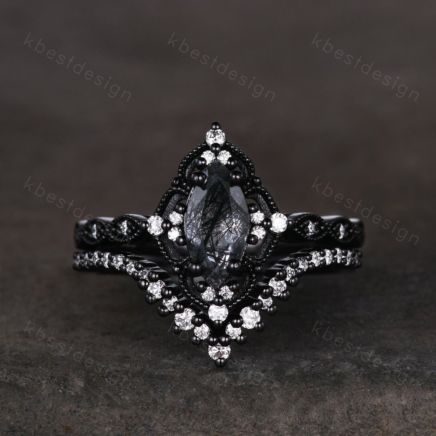 Vintage black rutilated quartz engagement ring set black gold art deco moissanite wedding band marquise cut unique bridal promise ring
