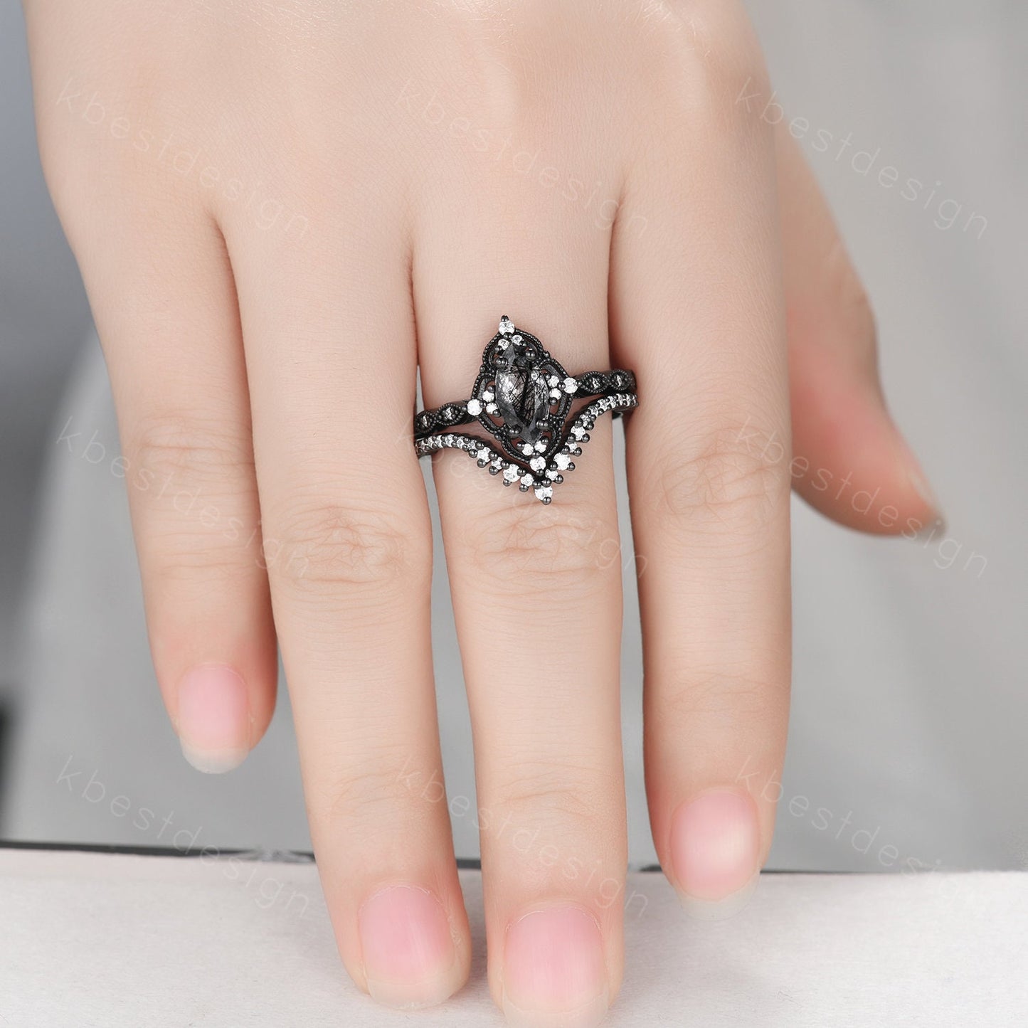 Vintage black rutilated quartz engagement ring set black gold art deco moissanite wedding band marquise cut unique bridal promise ring
