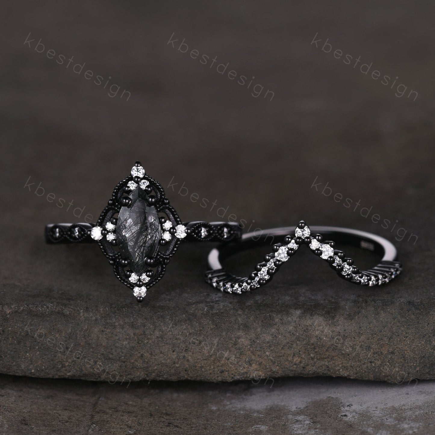 Vintage black rutilated quartz engagement ring set black gold art deco moissanite wedding band marquise cut unique bridal promise ring