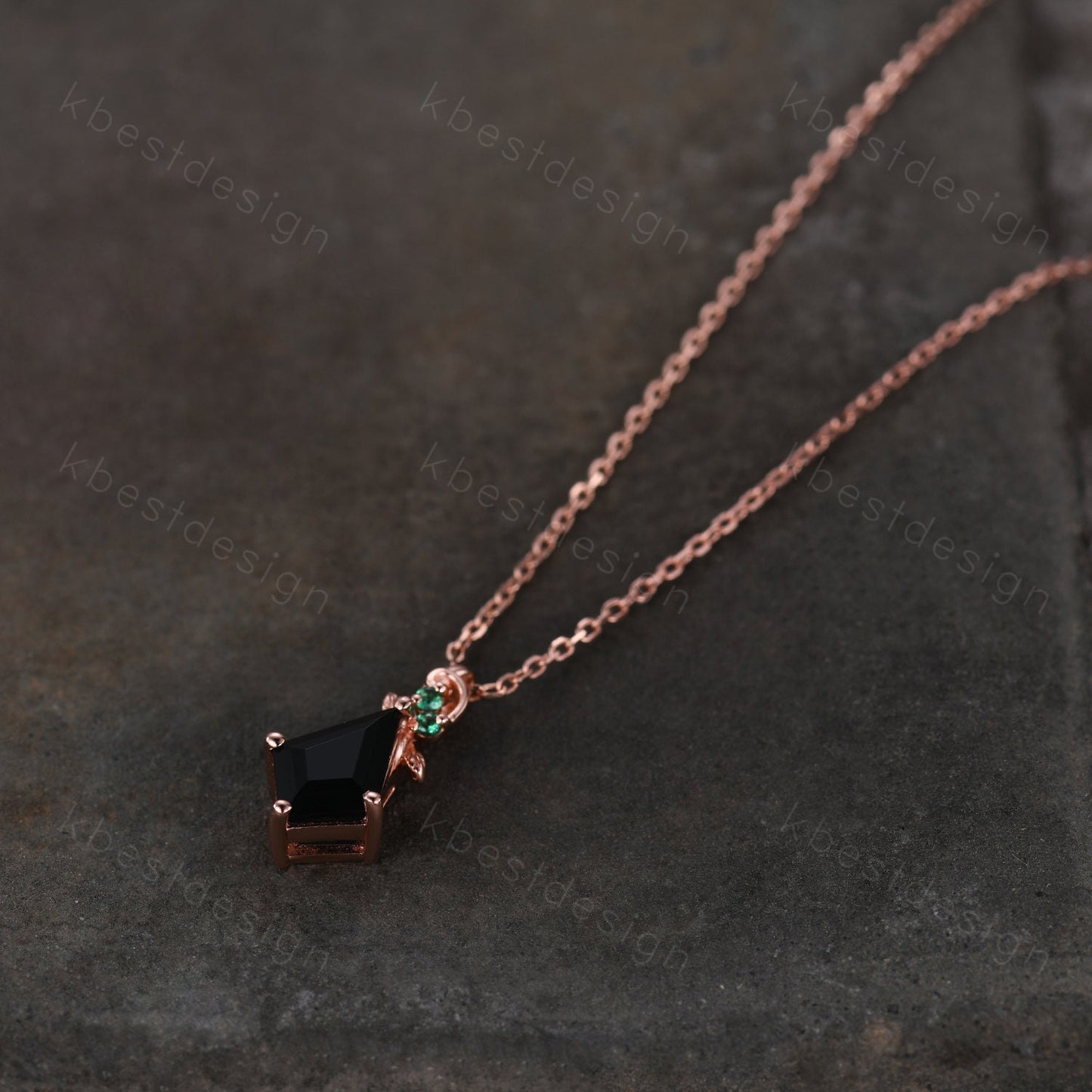 Kite cut natural black onyx necklace vintage women rose gold necklace unique leaf emerald pendant antique art deco bridal promise gift
