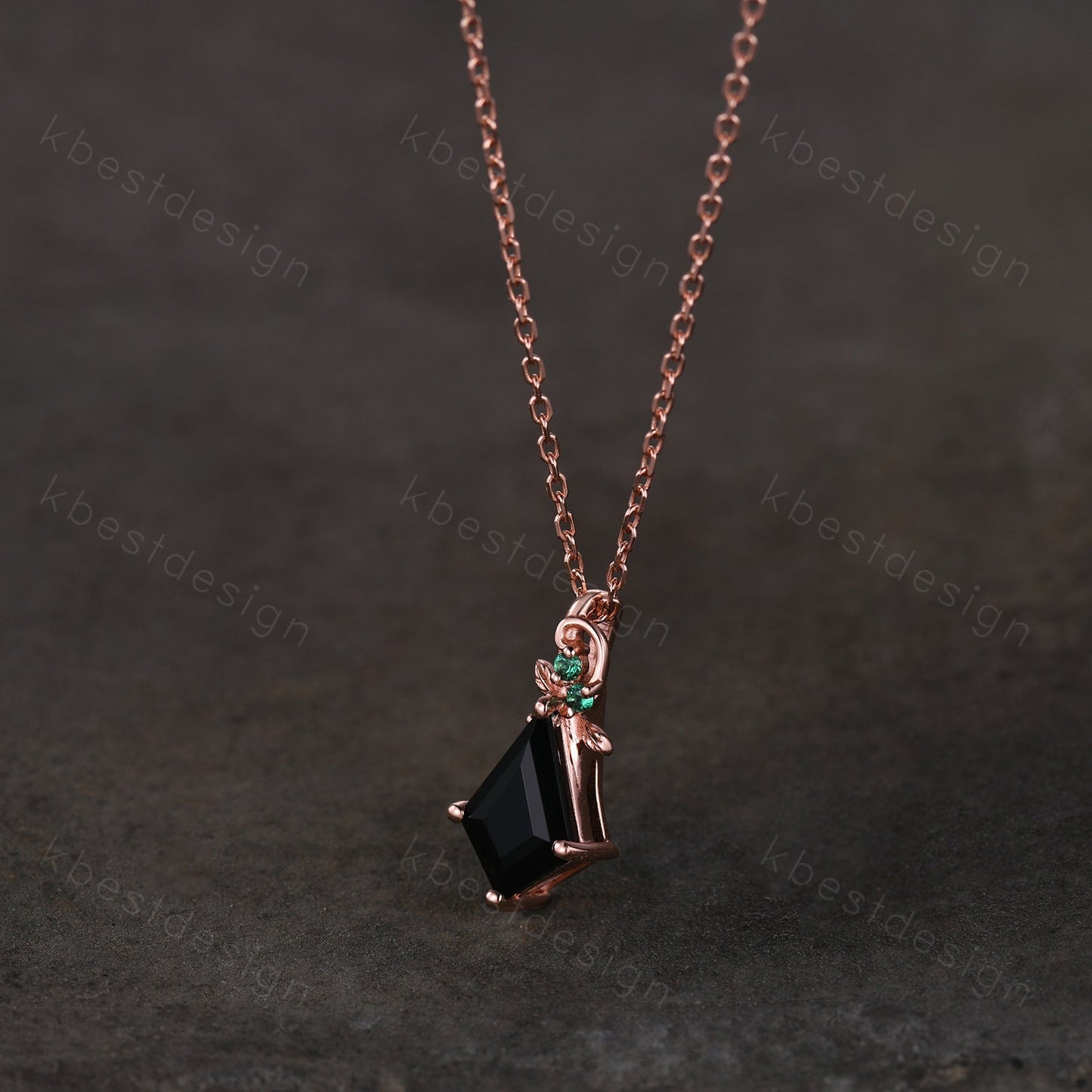 Kite cut natural black onyx necklace vintage women rose gold necklace unique leaf emerald pendant antique art deco bridal promise gift