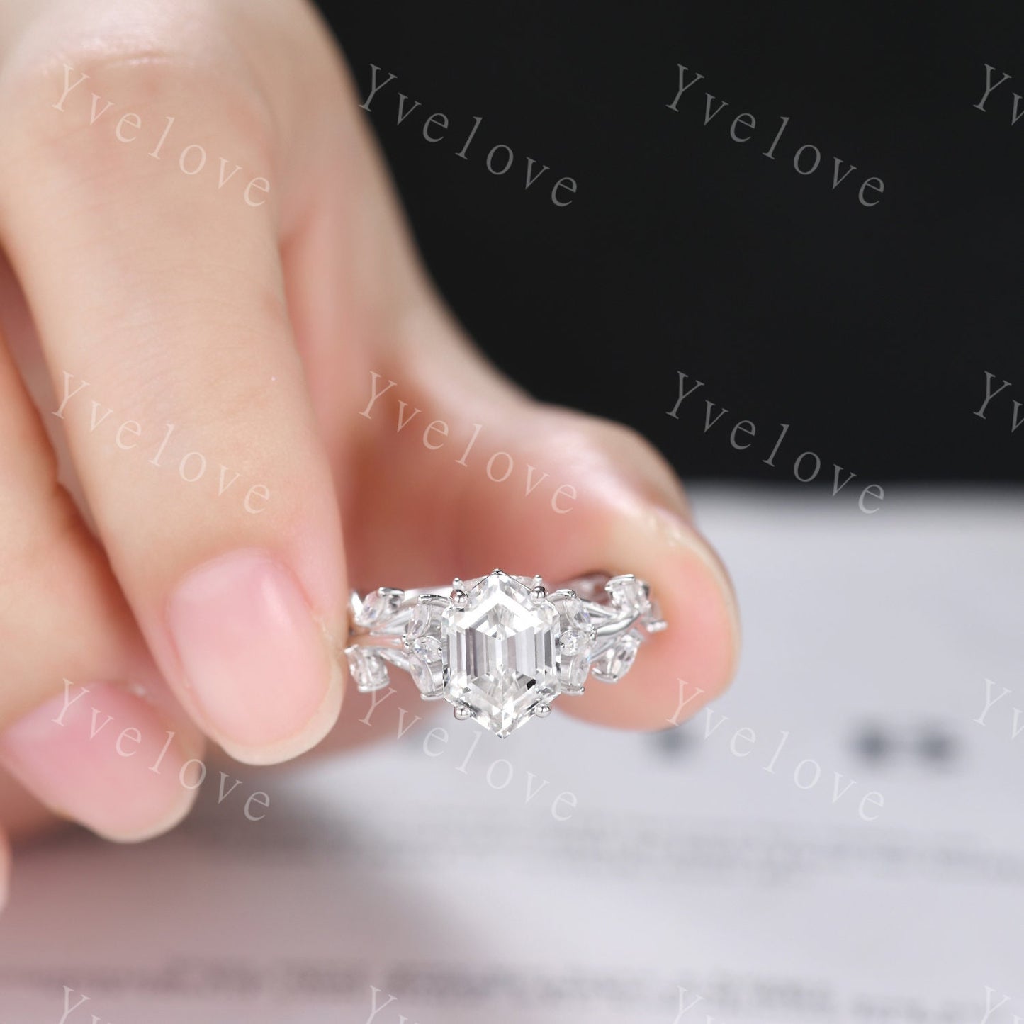 Unique hexagon moissanite engagement ring,cluster branch leaf marquise moissanite,white gold ring,vintage anniversary promise gift for women
