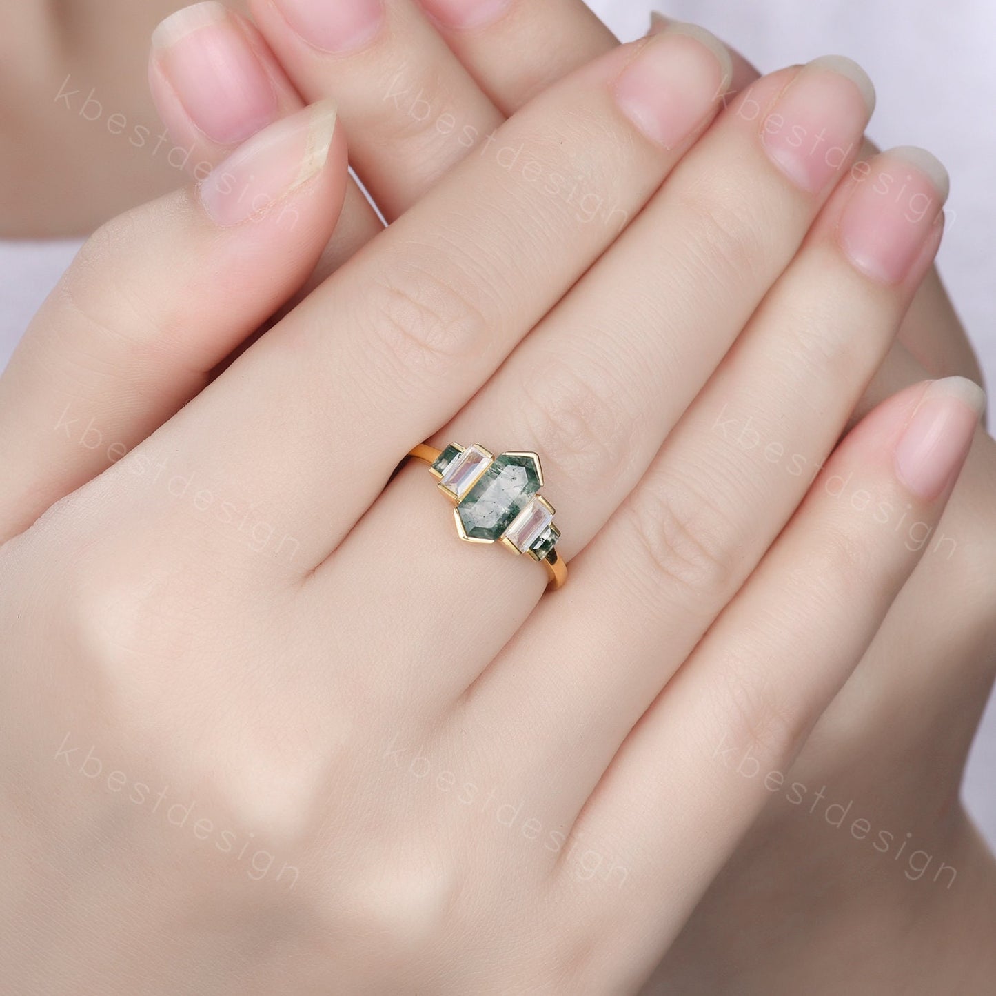 Retro hexagon Moss Agate engagement ring Yellow gold baguette Moonstone ring unique five stone ring Vintage Bridal wedding anniversary ring