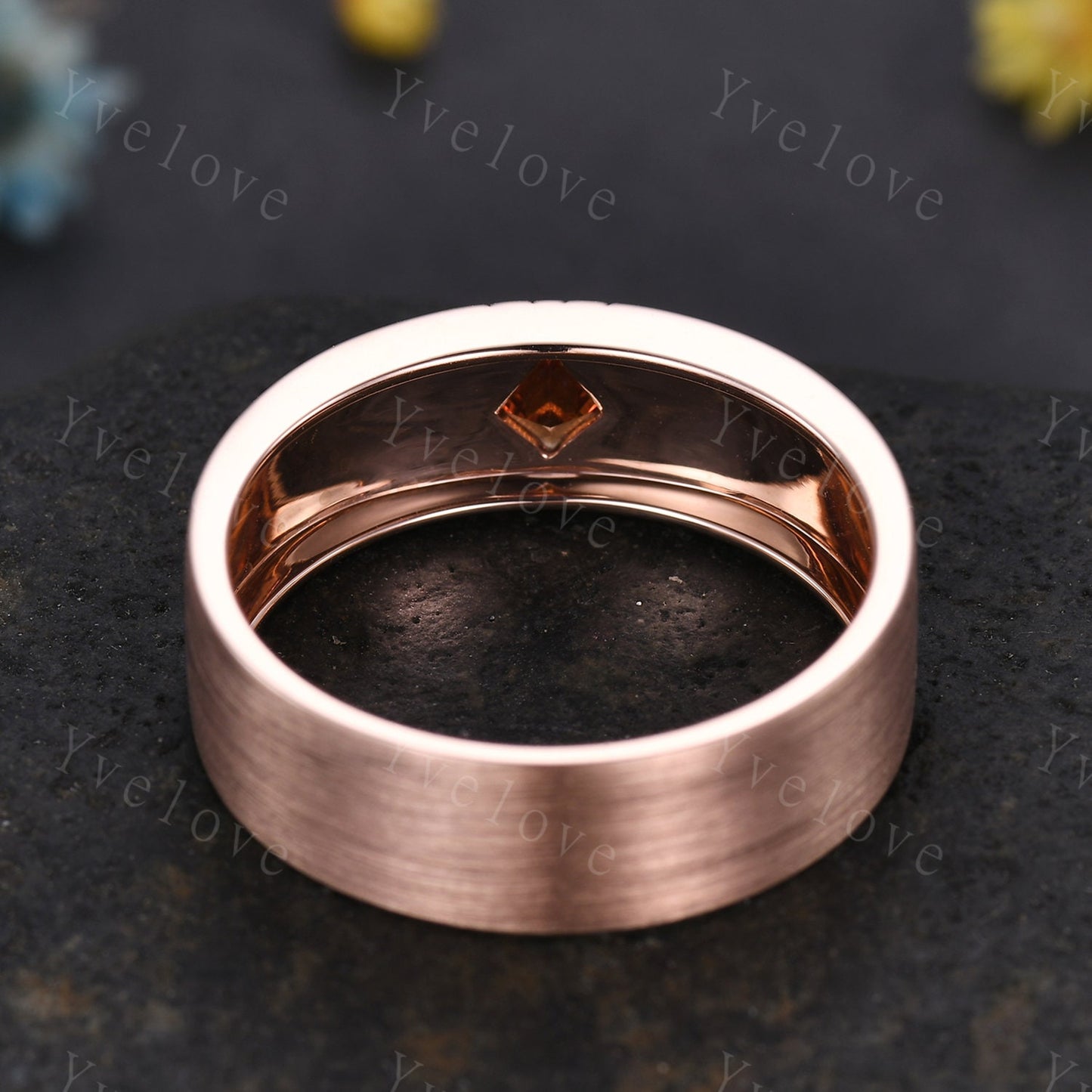 7mm Mens Kite Cut Orange Sapphire Wedding Band Sapphire Engagement Ring Rose Gold Brushed Finish Band Mens Stacking Band His Wedding band